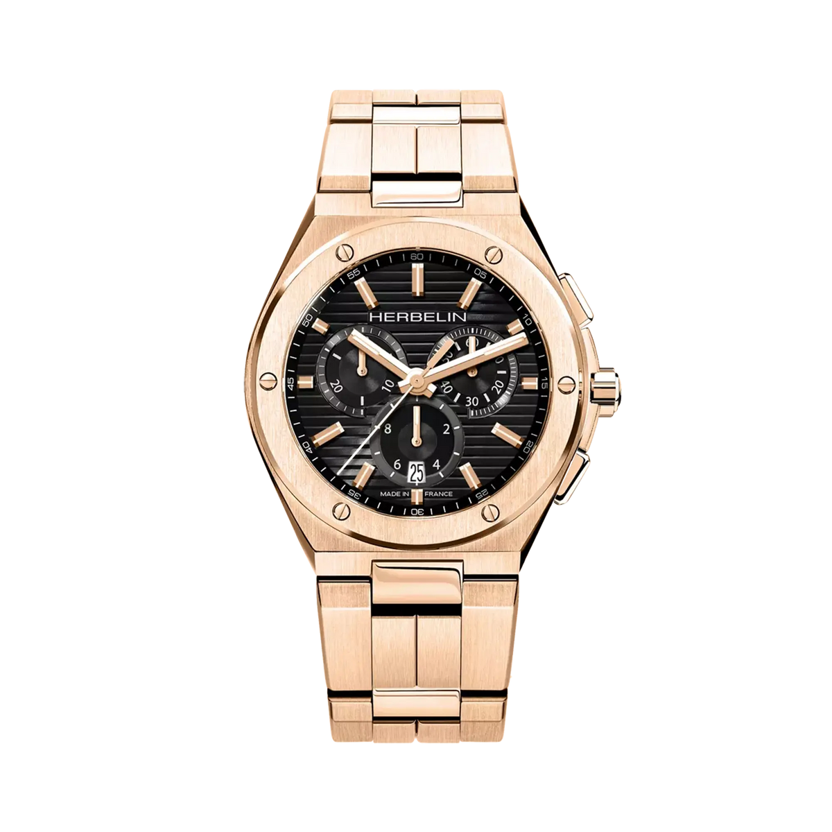 ⁣⁢Cap Camarat cronógrafo, esfera negra, caja redonda de acero PVD oro rosa, brazalete de acero PVD oro rosa⁤⁣
