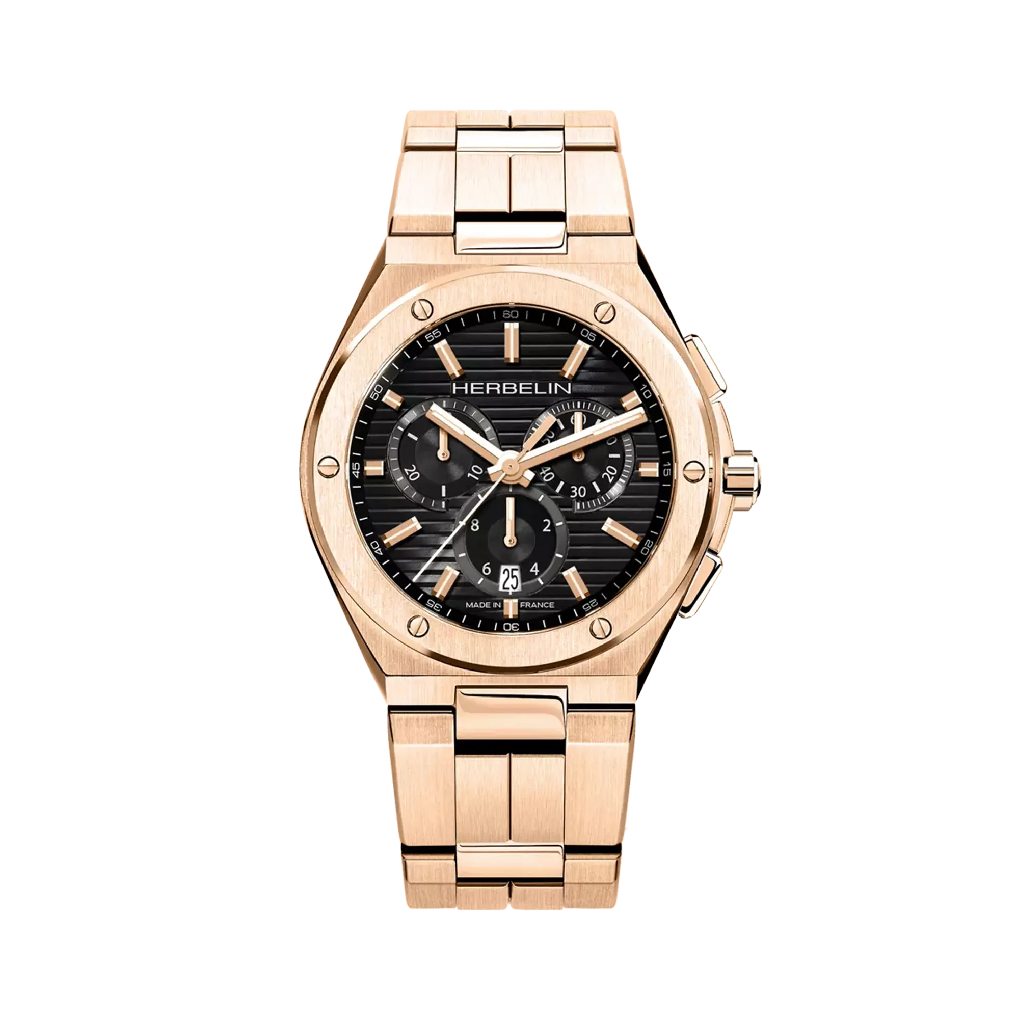 Cap Camarat chronographe, cadran noir, boîtier acier PVD or rose rond, bracelet acier PVD or rose