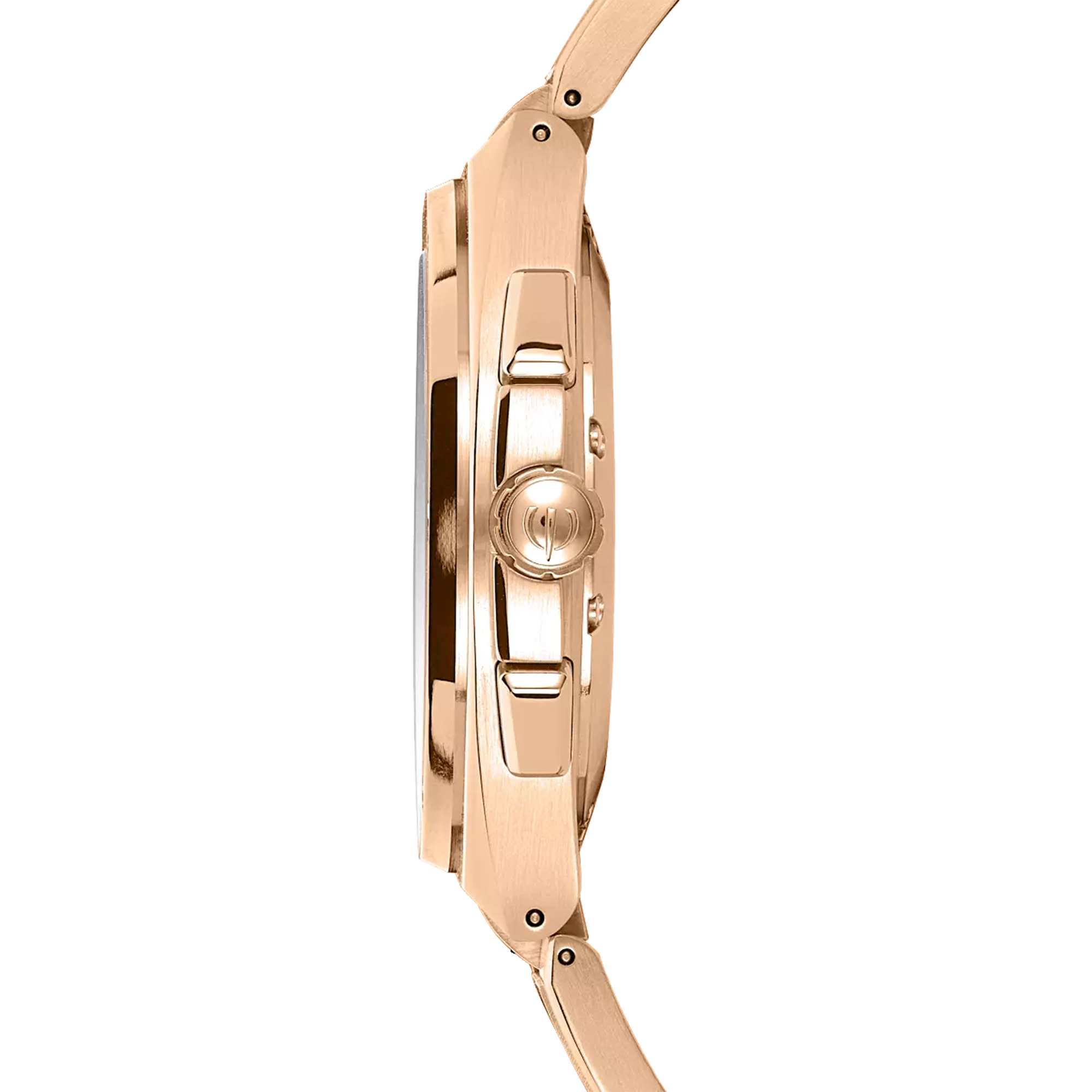 Vue de profil, tranche acier PVD or rose, couronne et attaches du bracelet acier PVD or rose