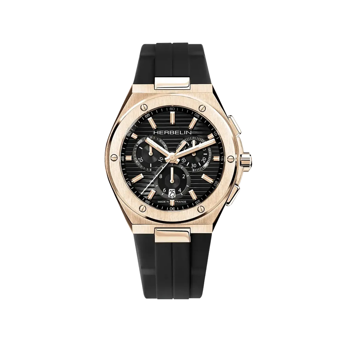 ⁣⁢Cap Camarat cronógrafo, esfera negra, caja redonda de acero PVD oro rosa, brazalete de caucho⁤⁣