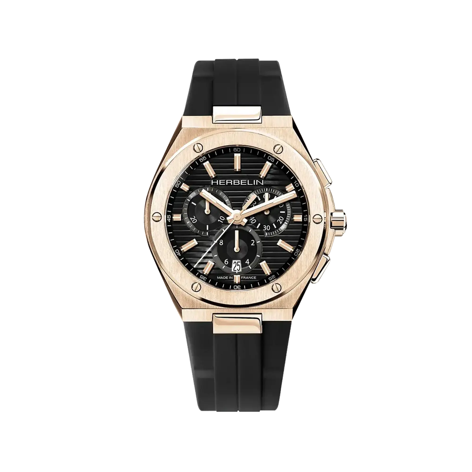 Cap Camarat chronographe, cadran noir, boîtier acier PVD or rose rond, bracelet caoutchouc
