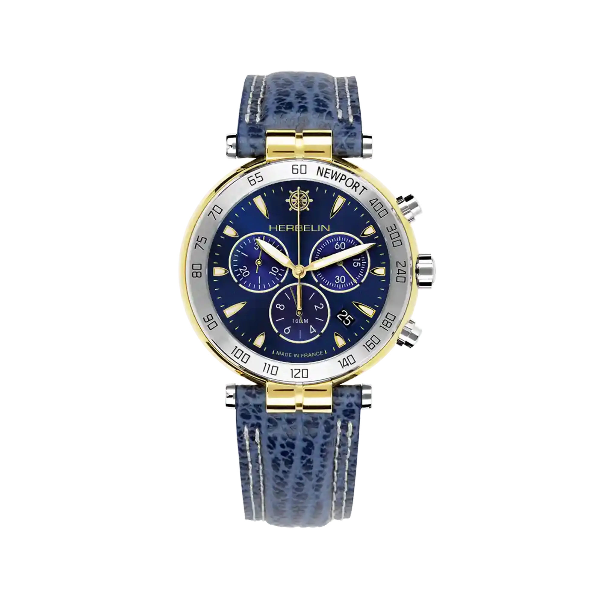 Newport chronographe, cadran bleu guilloché, boîtier acier PVD or jaune rond, bracelet cuir