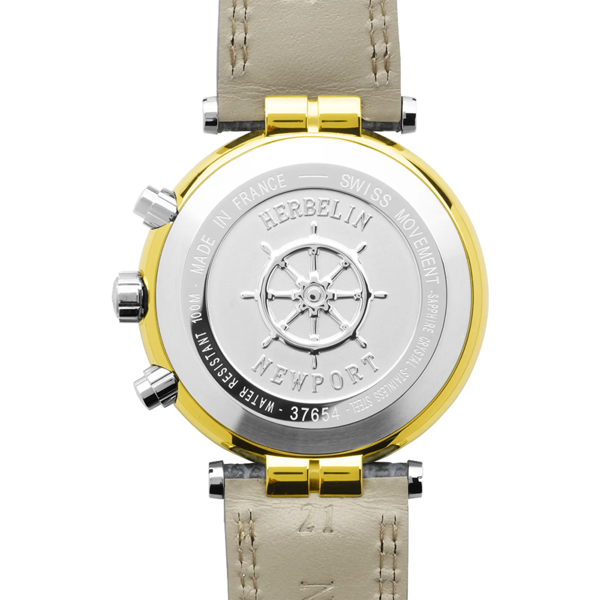 Dos de la Newport chronographe, fond acier PVD or jaune avec gravure du modèle