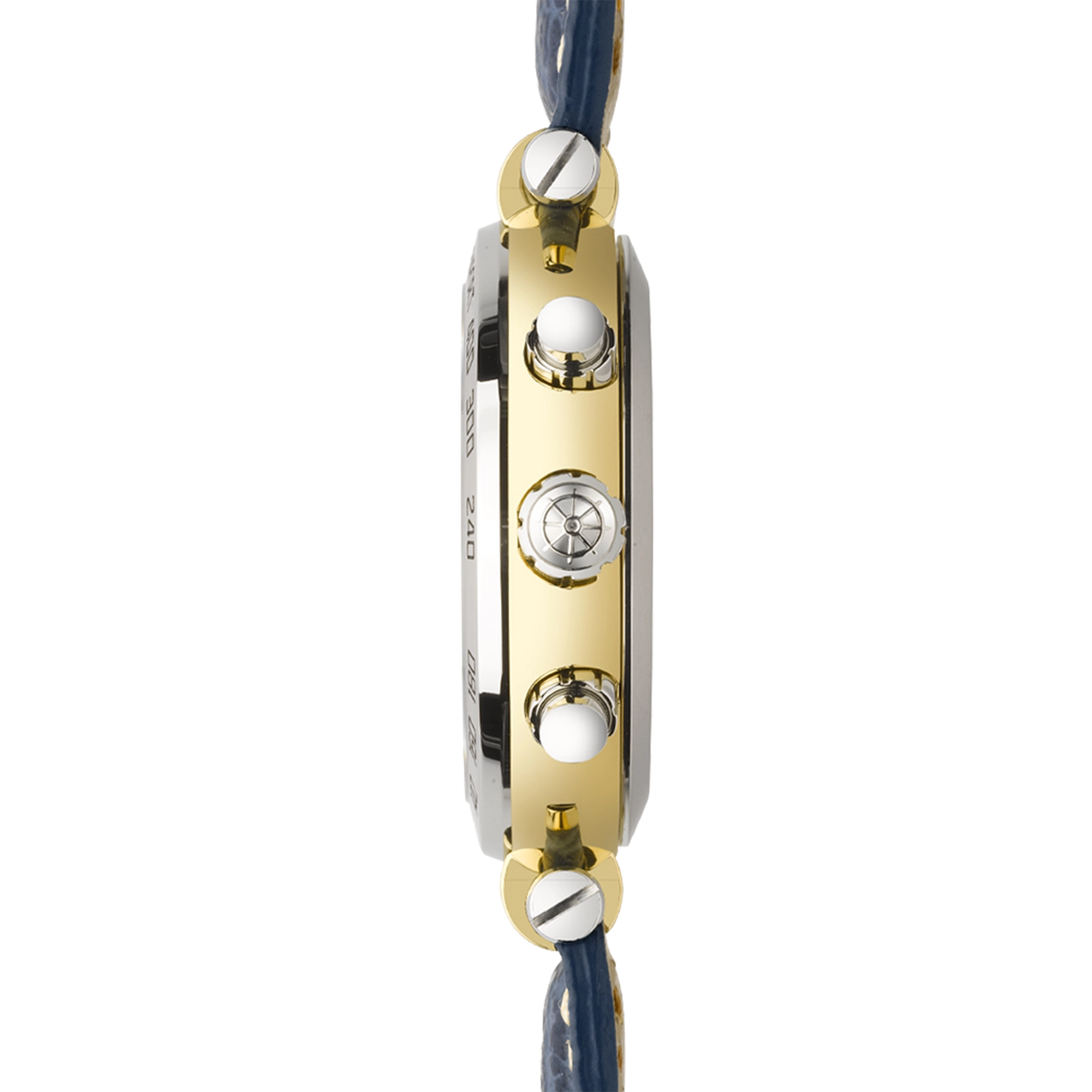 Vue de profil, tranche acier PVD or jaune, couronne et attaches du bracelet cuir