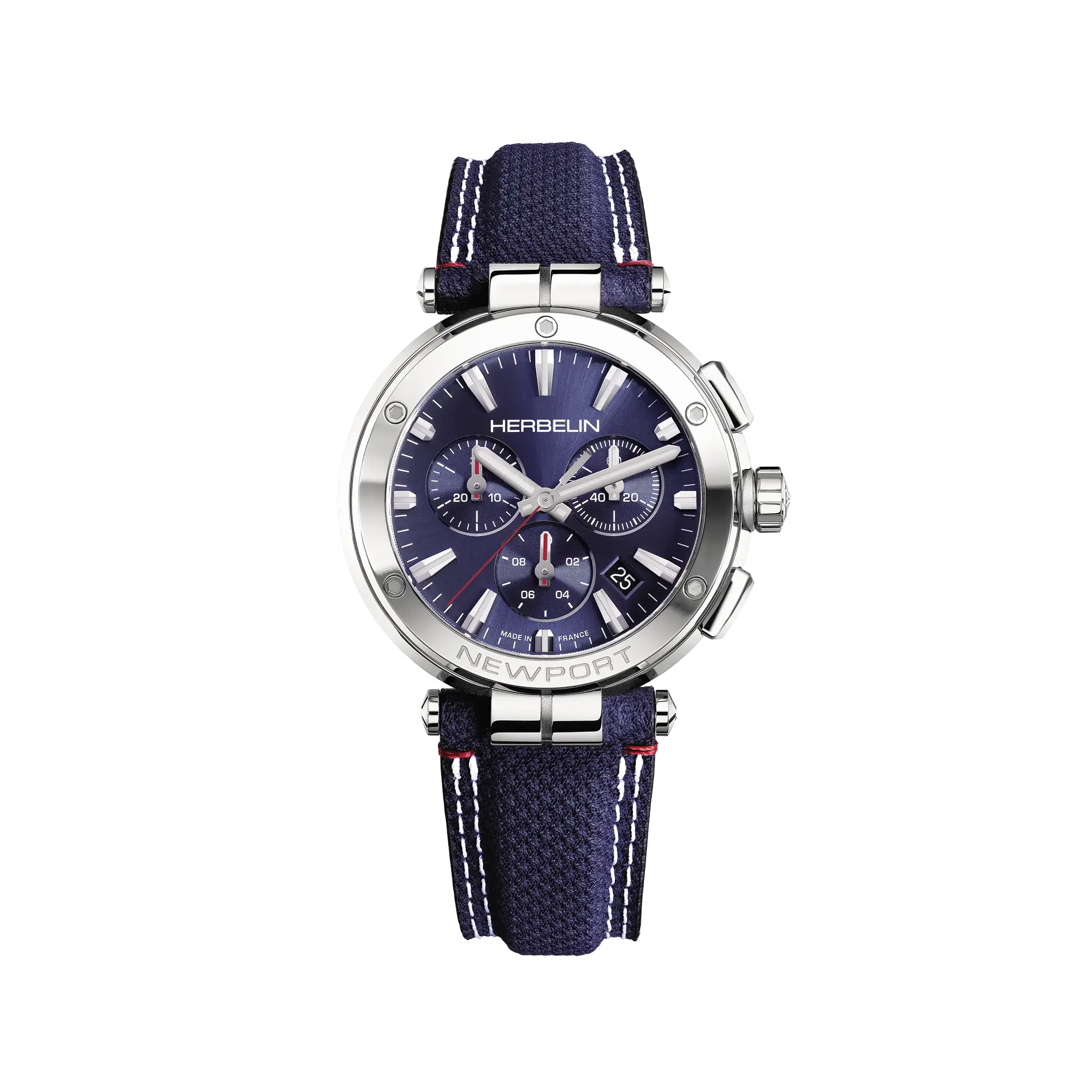 Newport chronographe, cadran bleu, boîtier acier rond, bracelet textile
