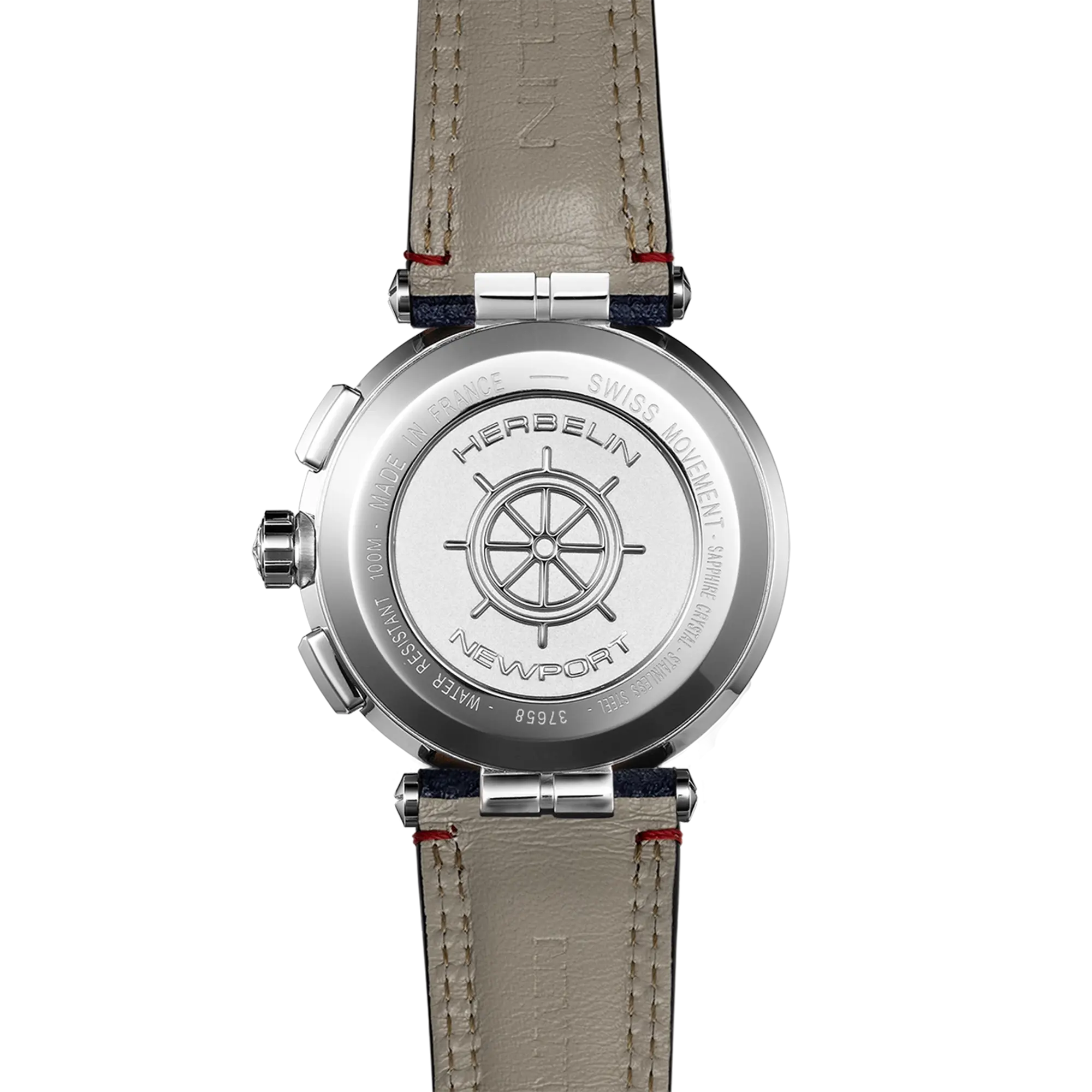 ⁣⁢Bagside af Newport kronograf, stålbagside med modelgravering⁤⁣