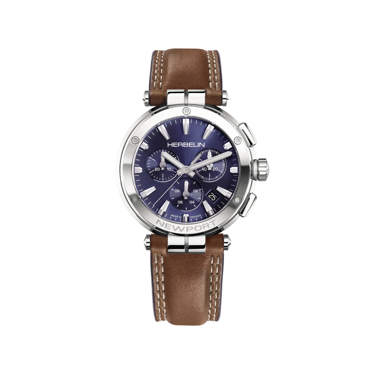⁣⁢Newport cronografo, quadrante blu, cassa in acciaio rotonda, cinturino in pelle⁤⁣