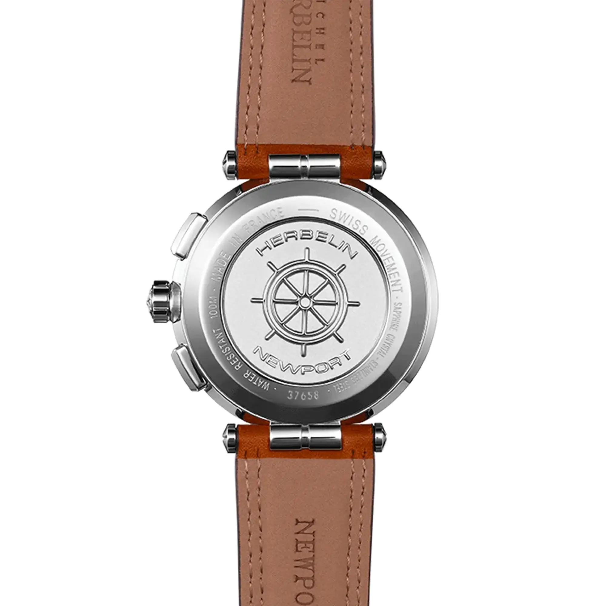 Dos de la Newport chronographe, fond acier avec gravure du modèle
