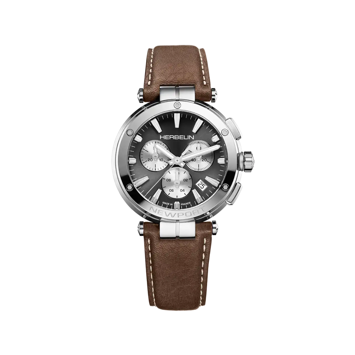 ⁣⁢Newport cronografo, quadrante antracite, cassa in acciaio tonda, cinturino in pelle⁤⁣