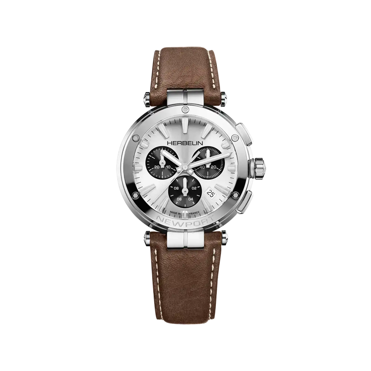 ⁣⁢Newport cronografo, quadrante argenté bianco, cassa in acciaio tonda, cinturino in pelle⁤⁣