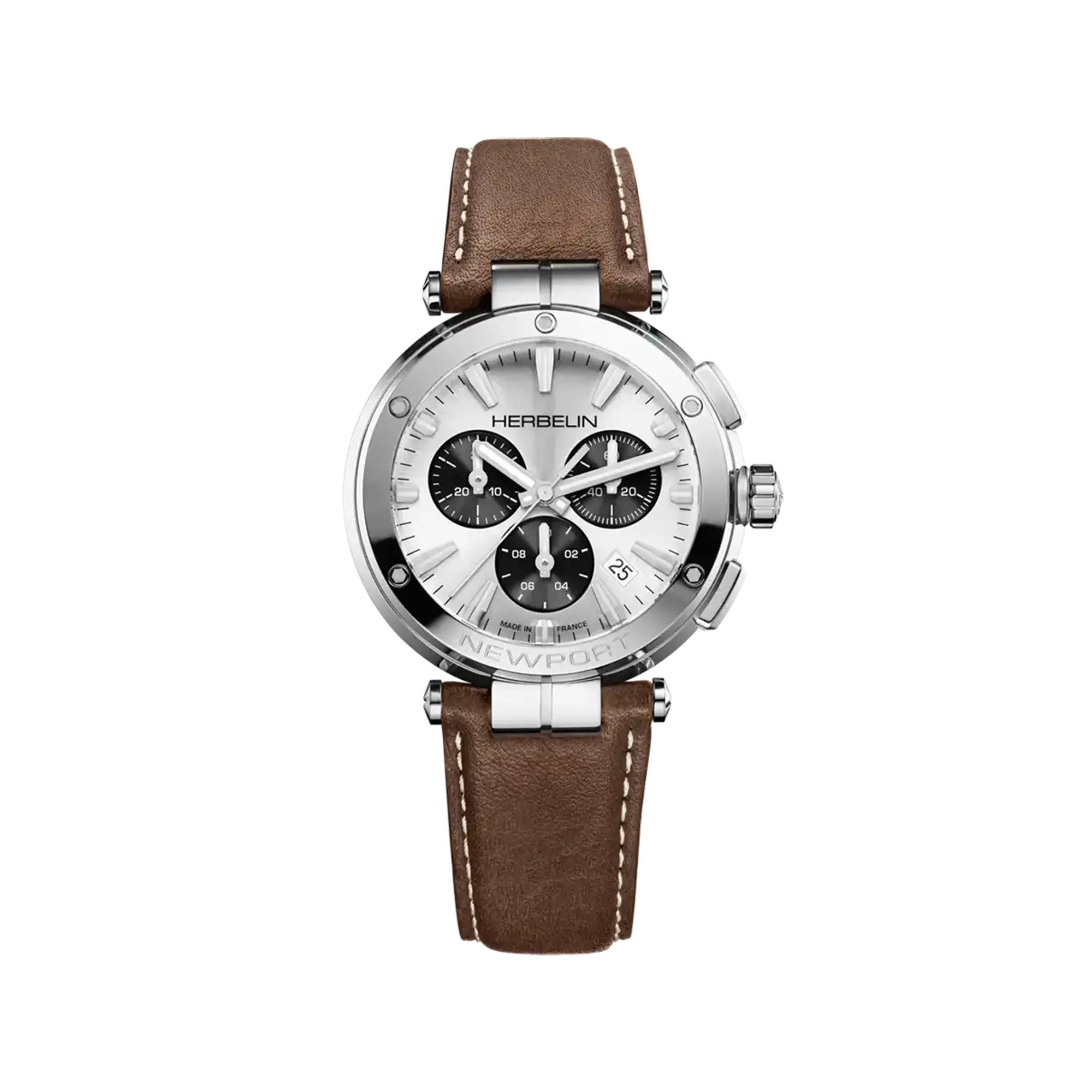 Newport chronographe, cadran argent blanc, boîtier acier rond, bracelet cuir