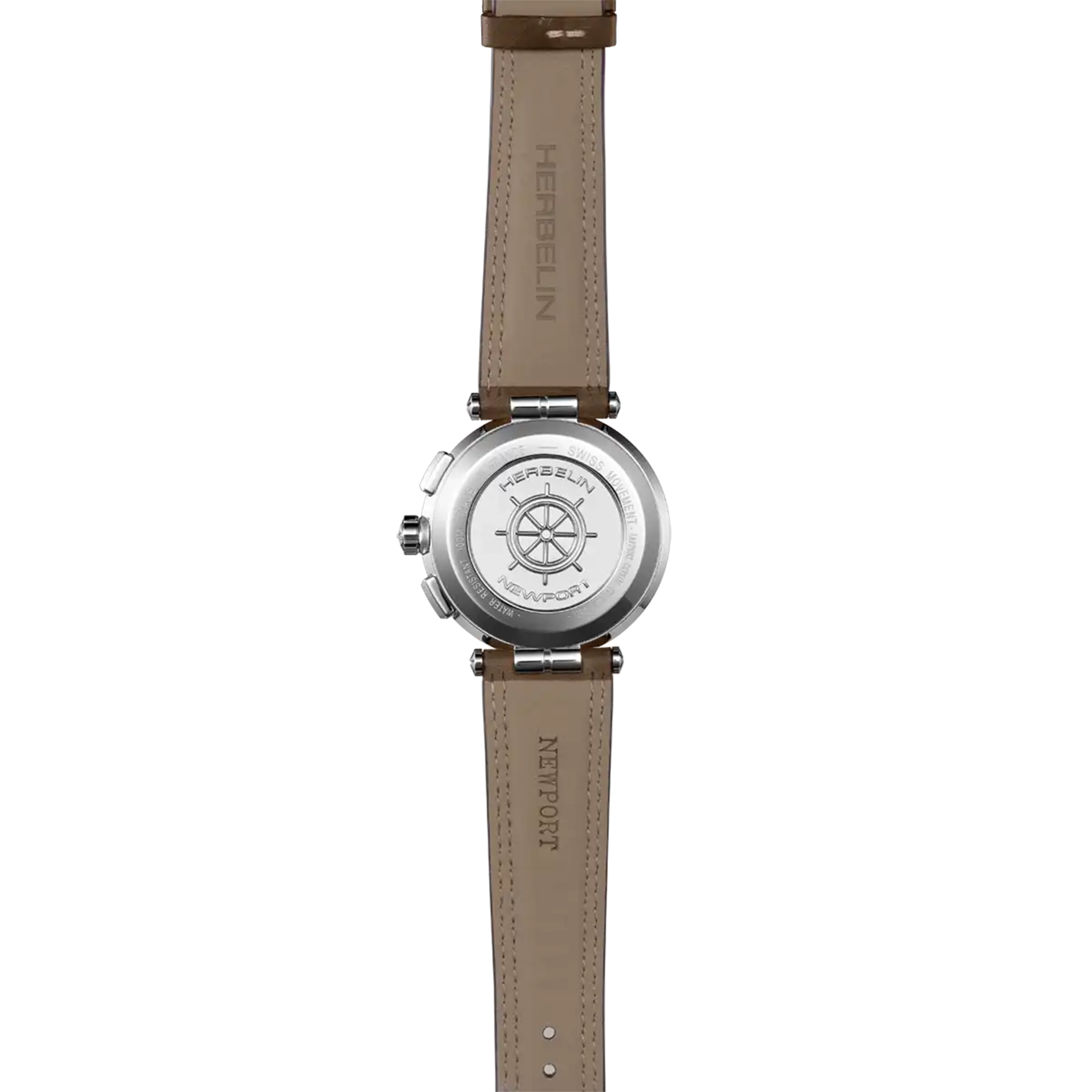 Dos de la Newport chronographe, fond acier avec gravure du modèle