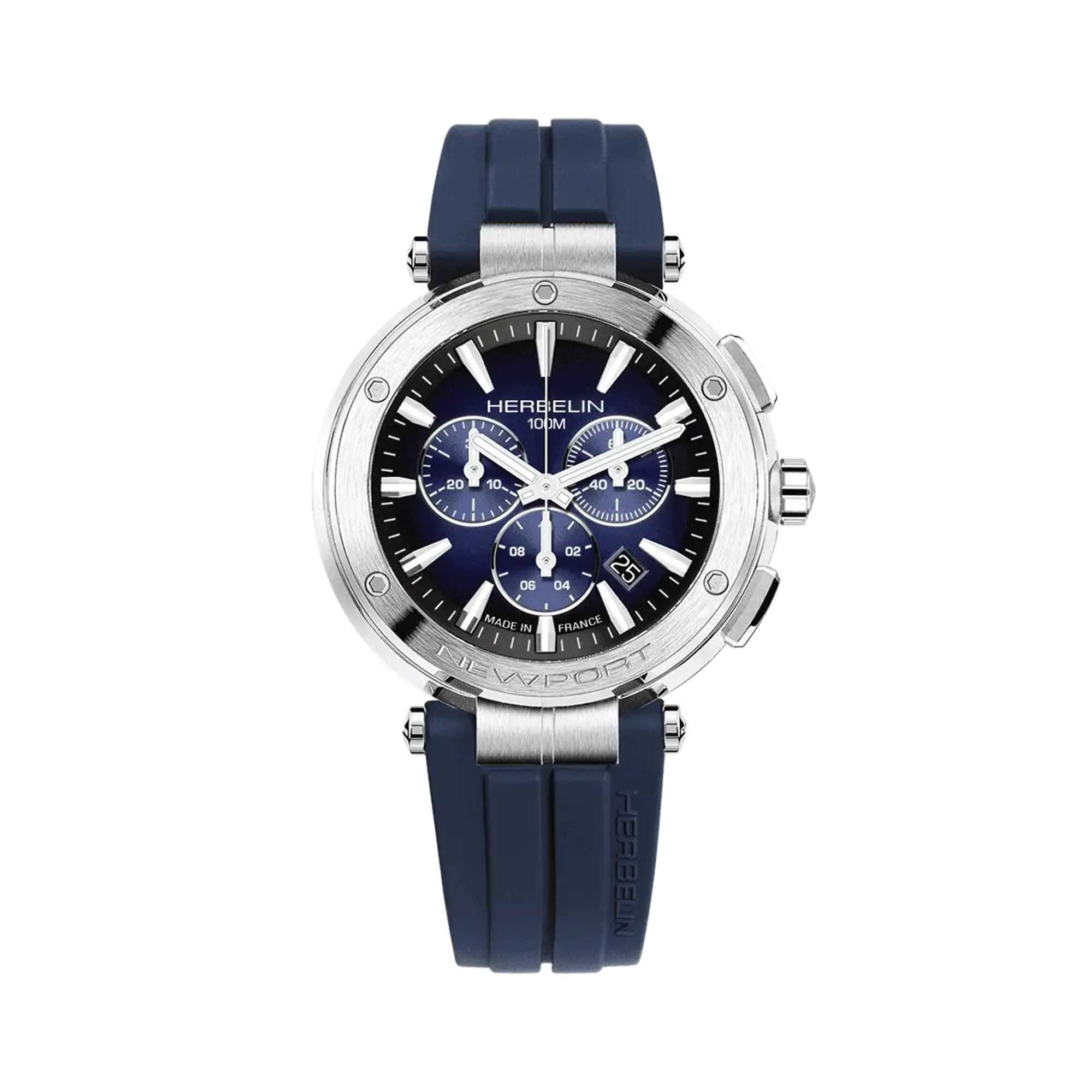 Newport chronographe, cadran bleu dégradé, boîtier acier rond, bracelet caoutchouc