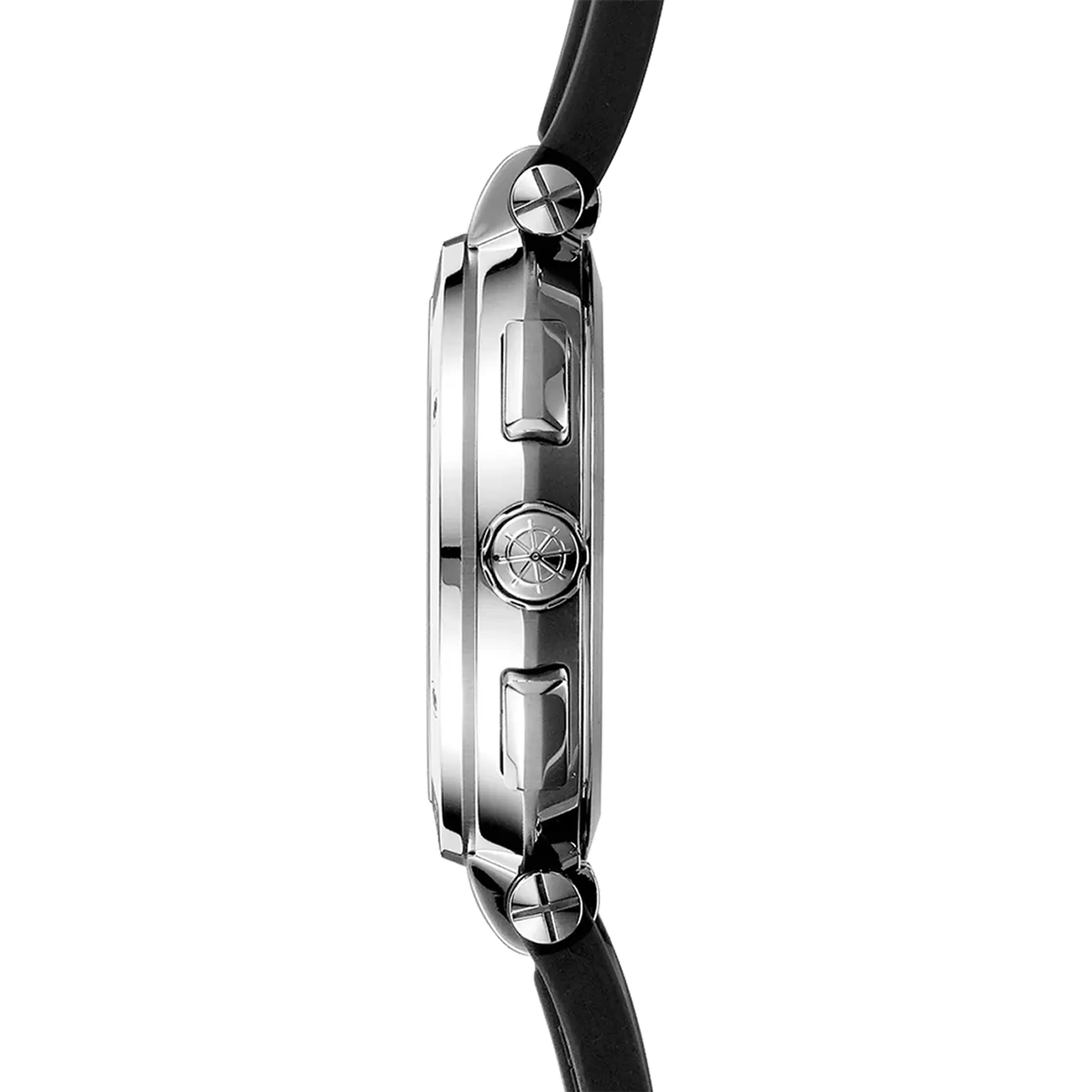 Vue de profil, tranche acier, couronne et attaches du bracelet caoutchouc