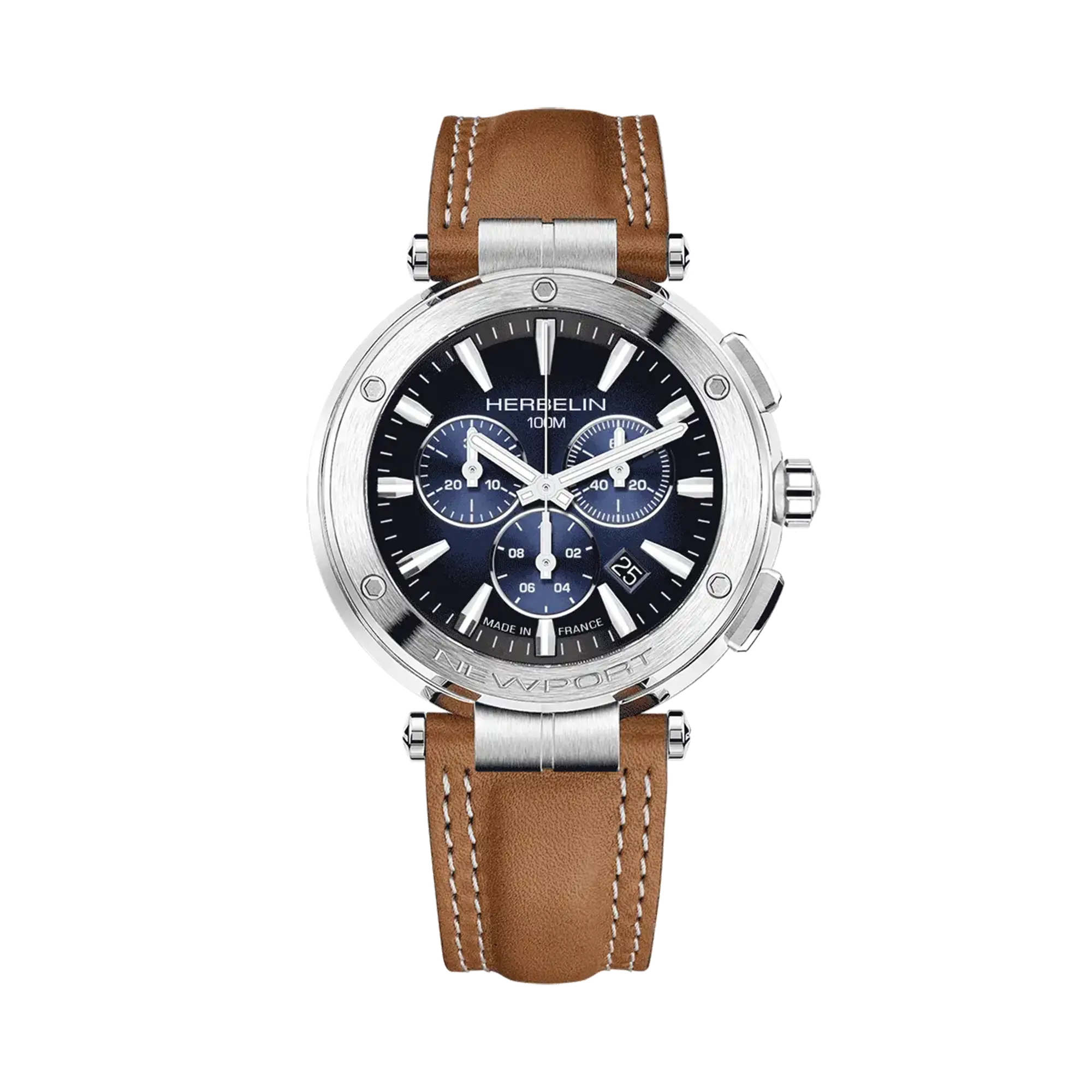Newport chronographe, cadran bleu dégradé, boîtier acier rond, bracelet cuir