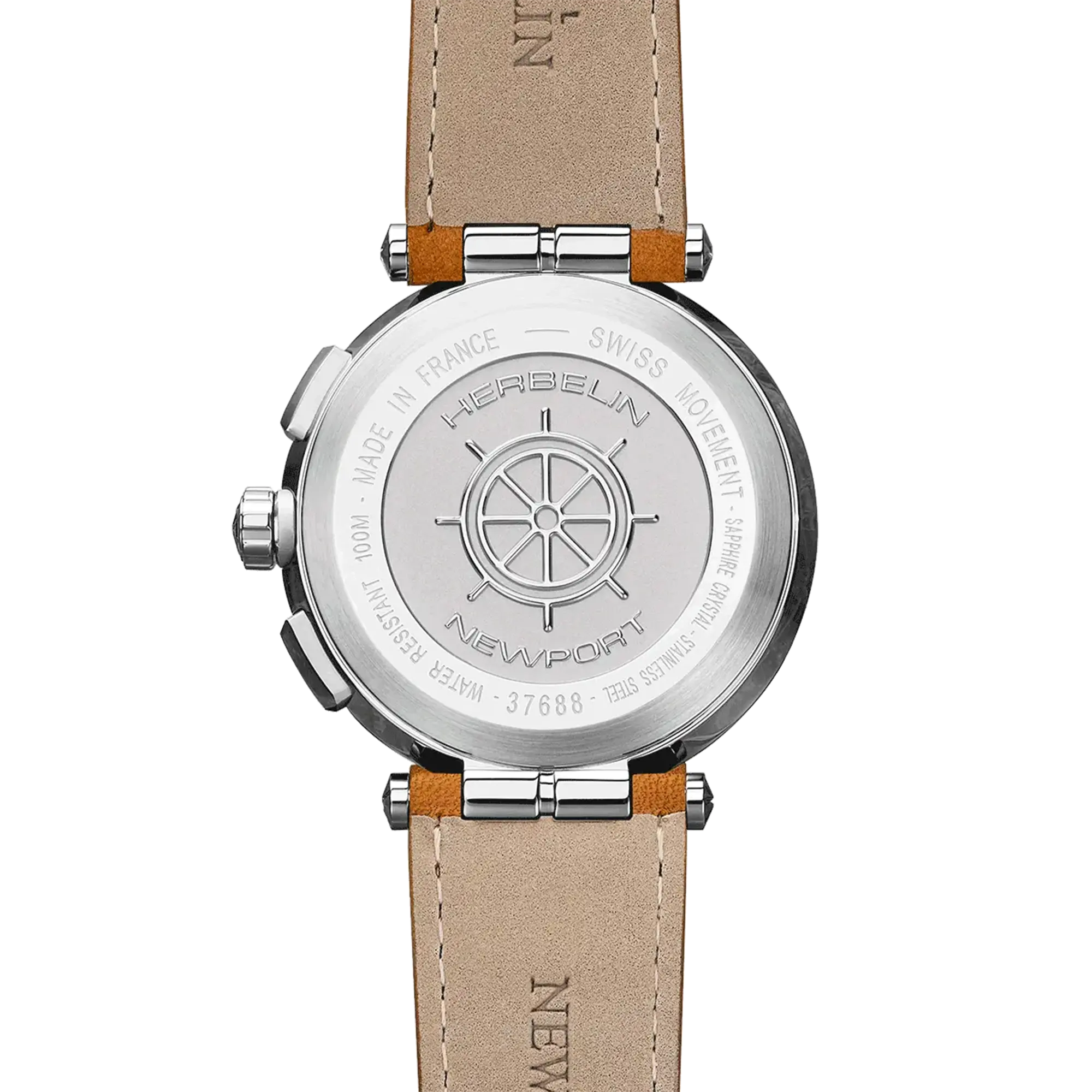 Dos de la Newport chronographe, fond acier avec gravure du modèle