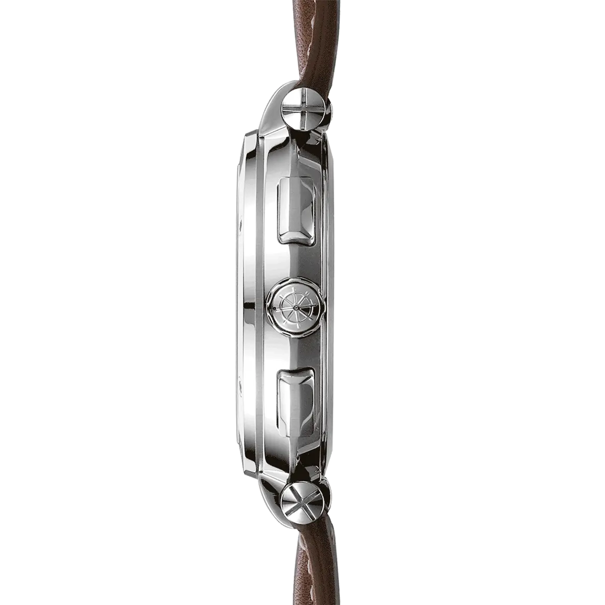 Vue de profil, tranche acier, couronne et attaches du bracelet cuir