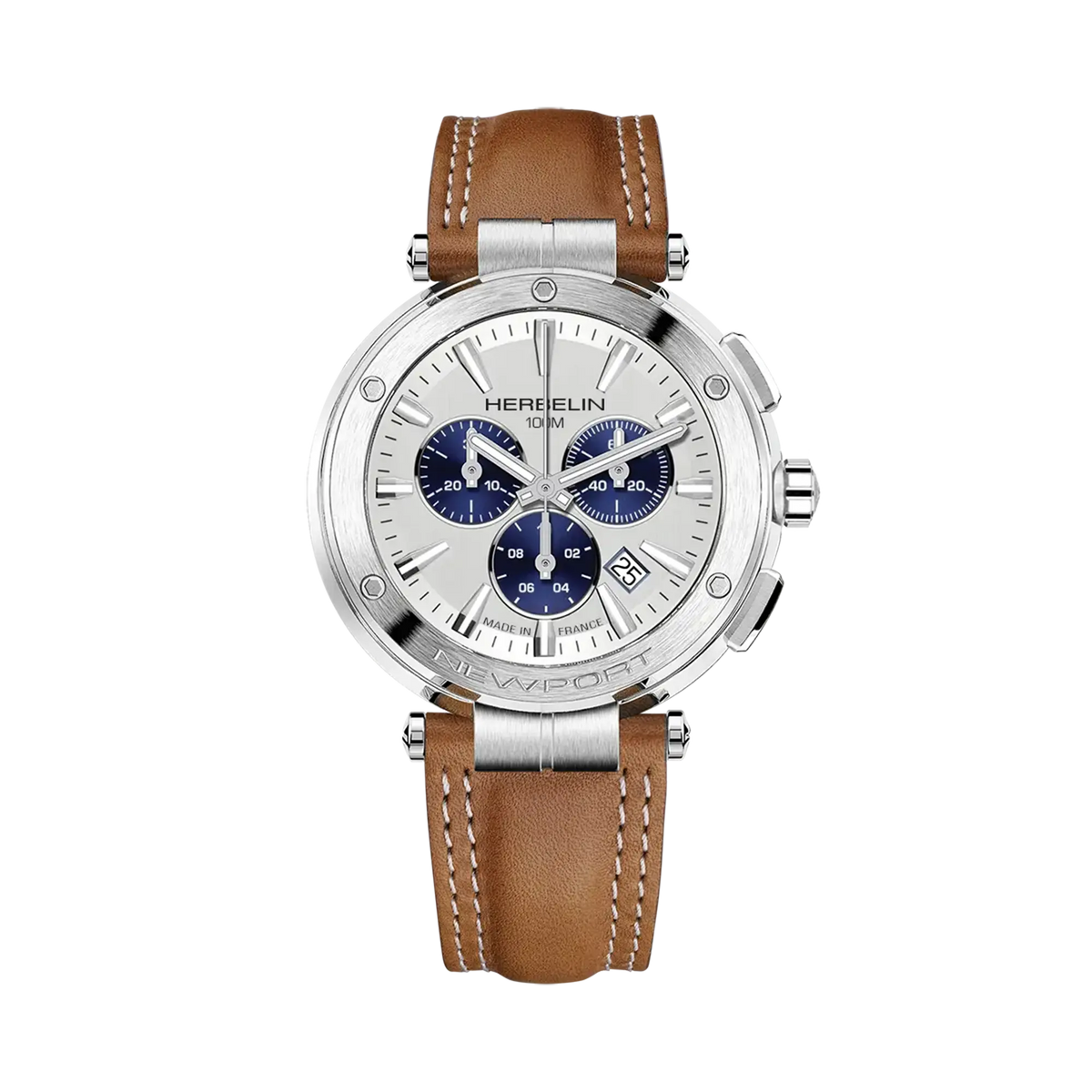 ⁣⁢Newport Cronografo, quadrante bianco argenté spazzolato, cassa in acciaio rotonda, cinturino in pelle⁤⁣