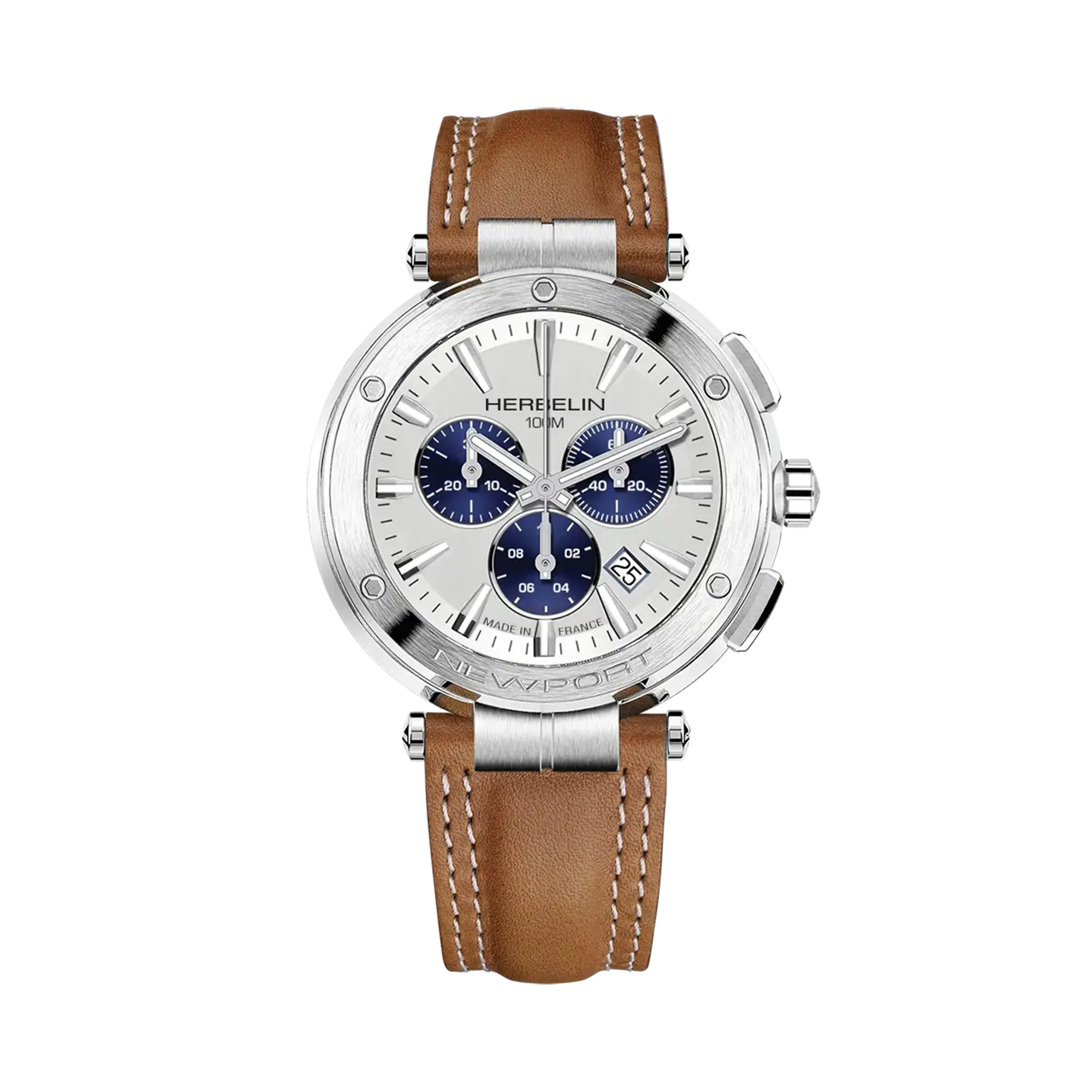 Newport chronographe, cadran argent blanc brossé, boîtier acier rond, bracelet cuir