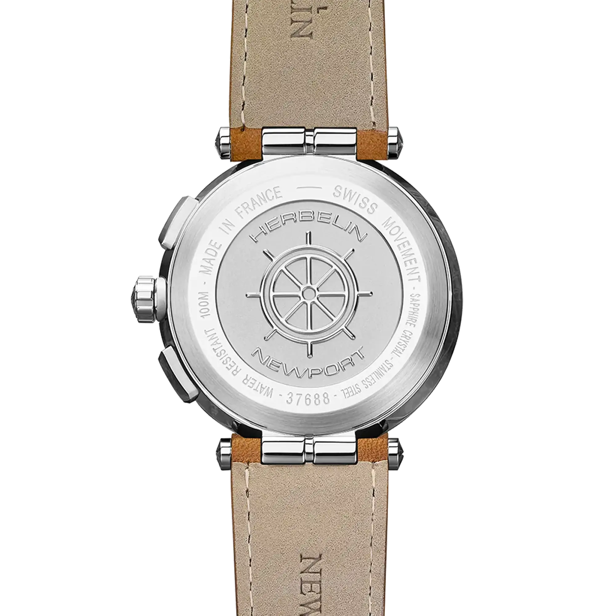 Dos de la Newport chronographe, fond acier avec gravure du modèle