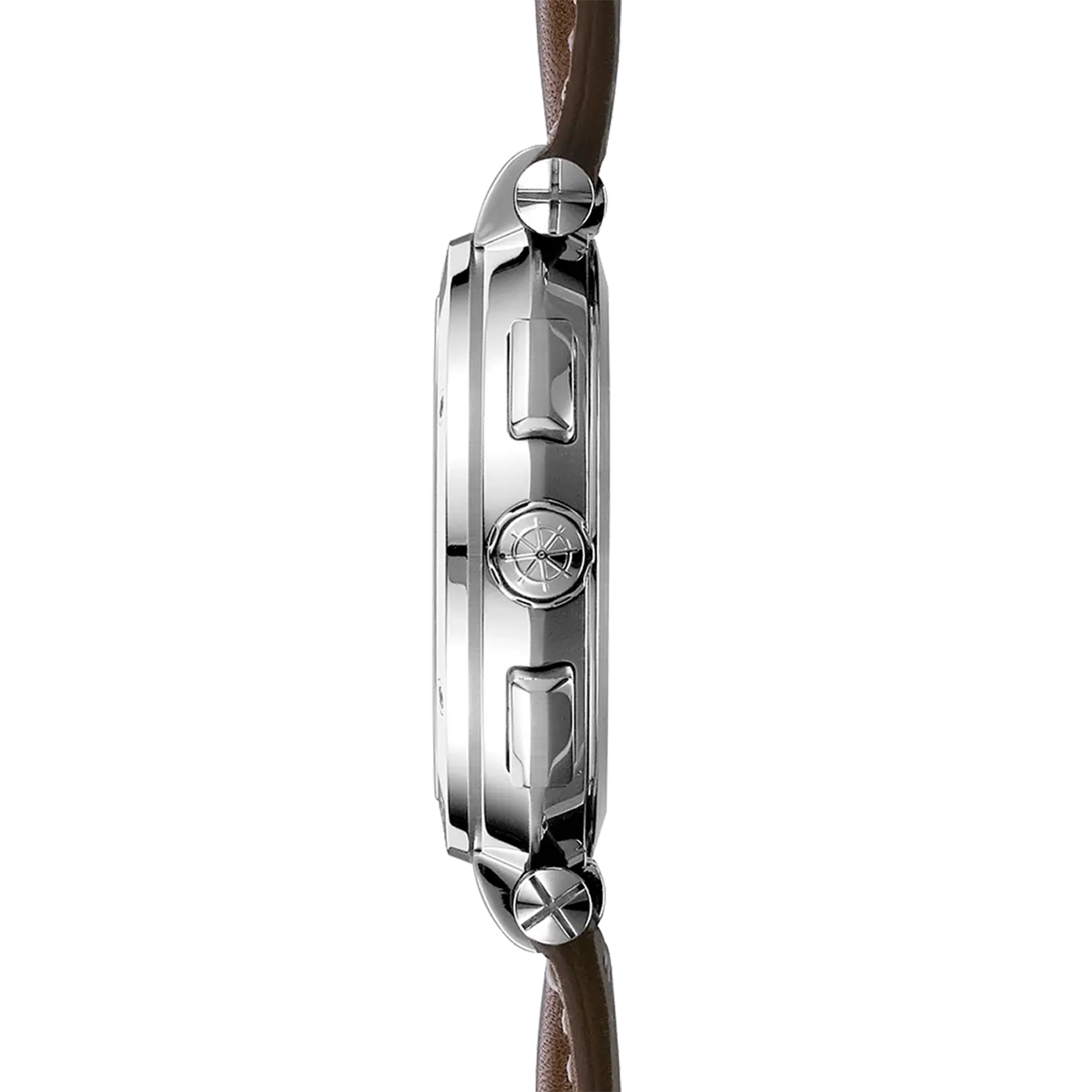 Vue de profil, tranche acier, couronne et attaches du bracelet cuir