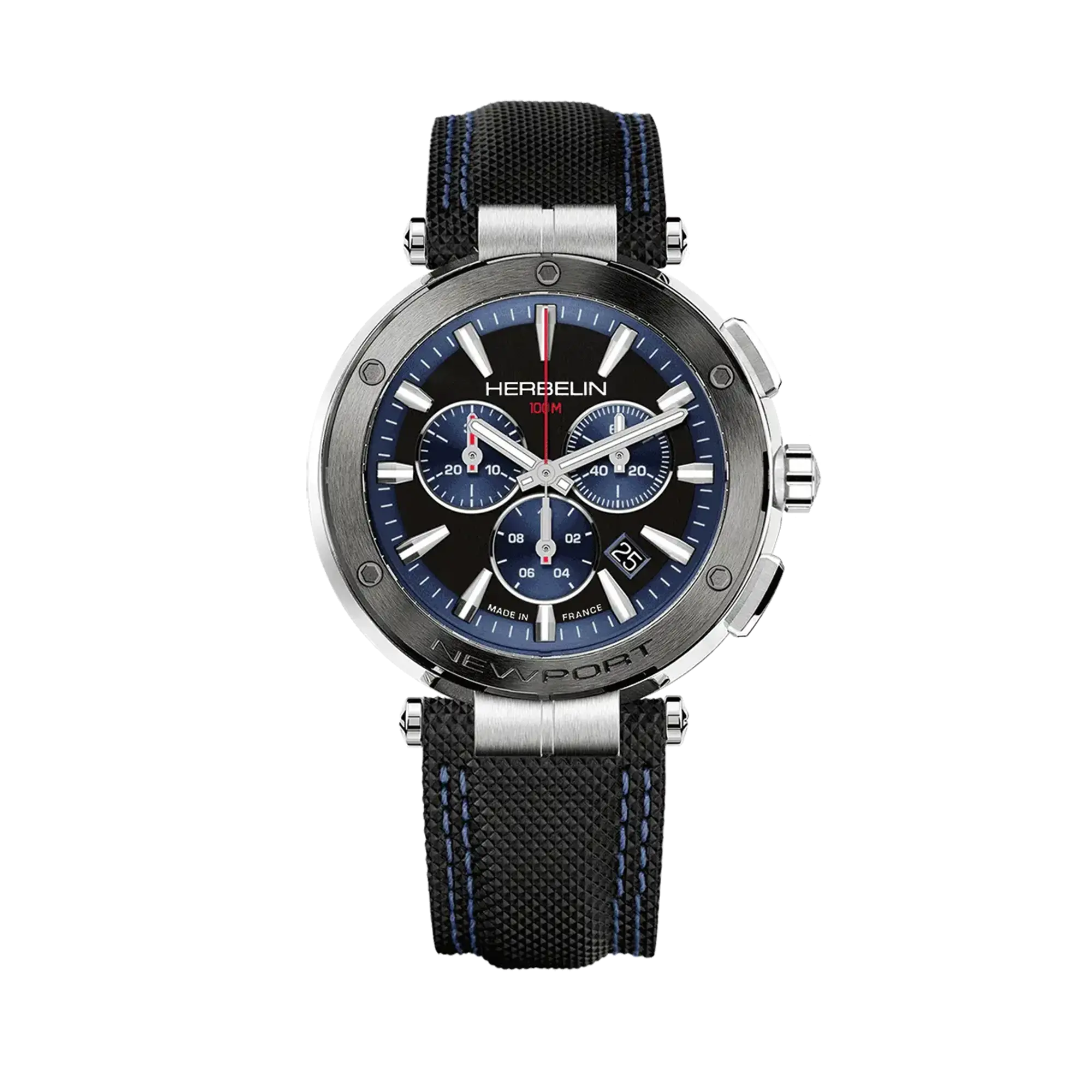 Newport chronographe, cadran noir brossé, boîtier acier rond, bracelet cuir