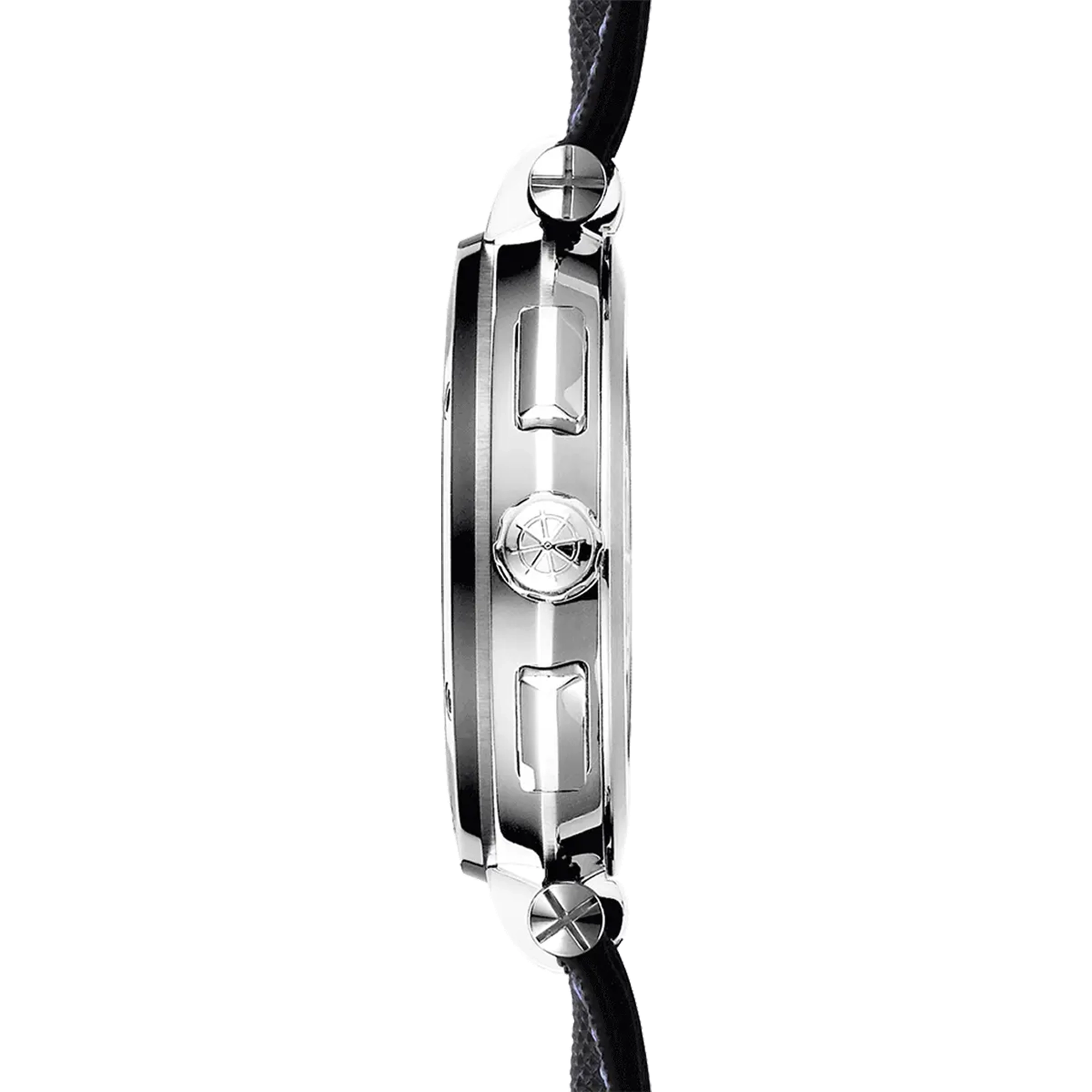 Vue de profil, tranche acier, couronne et attaches du bracelet cuir