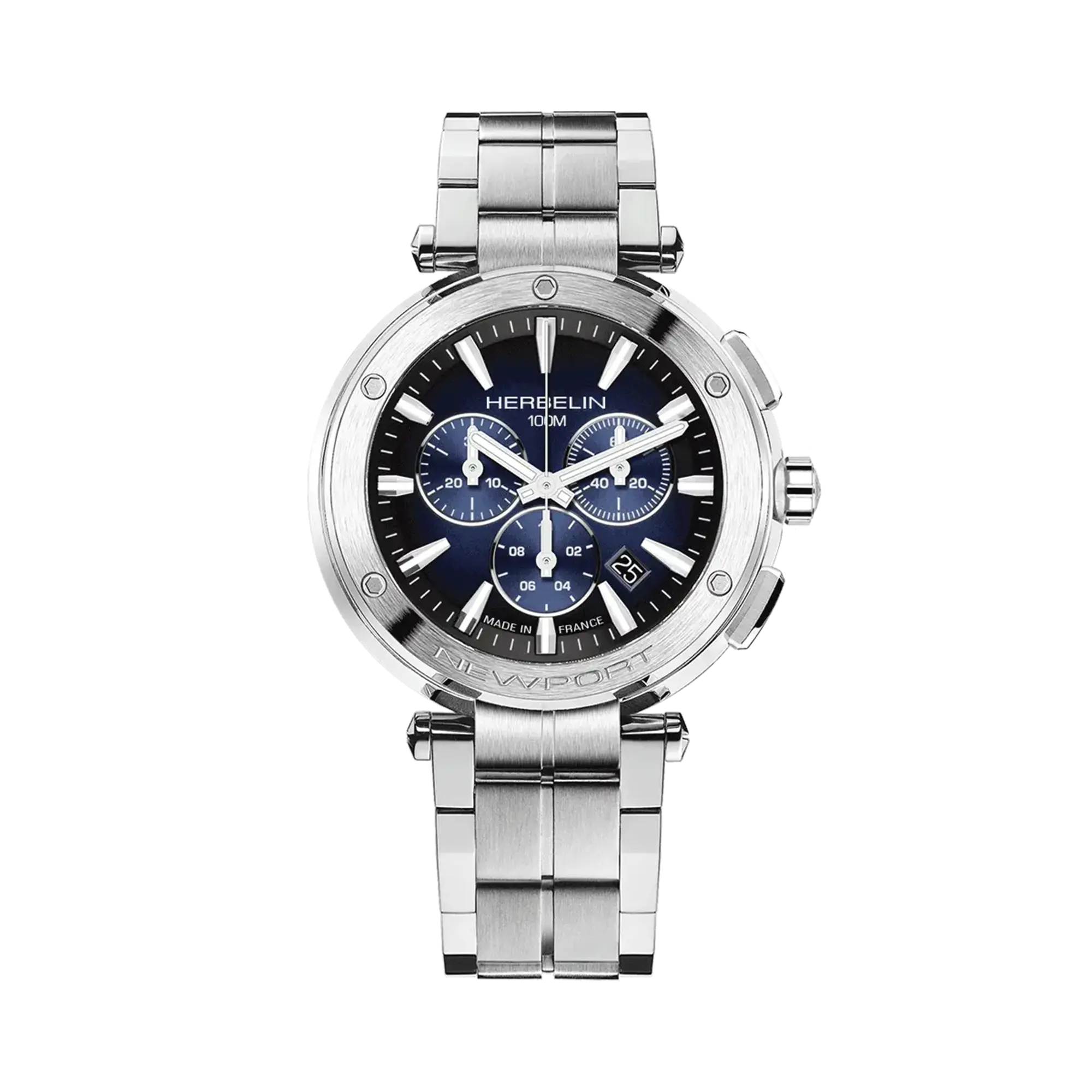 Newport chronographe, cadran bleu dégradé, boîtier acier rond, bracelet acier