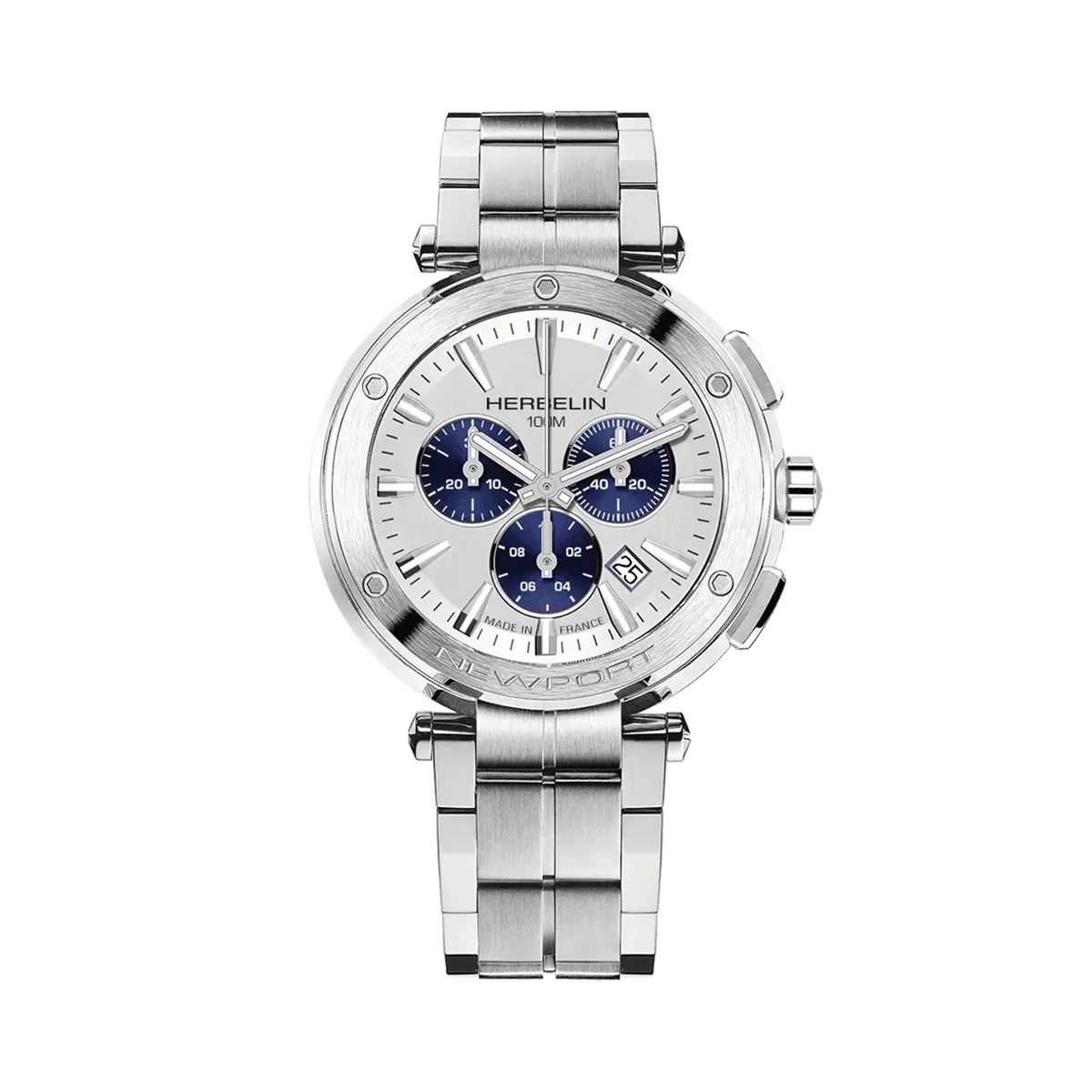 ⁣⁢Newport cronografo, quadrante argento bianco spazzolato, cassa in acciaio tonda, bracciale in acciaio⁤⁣