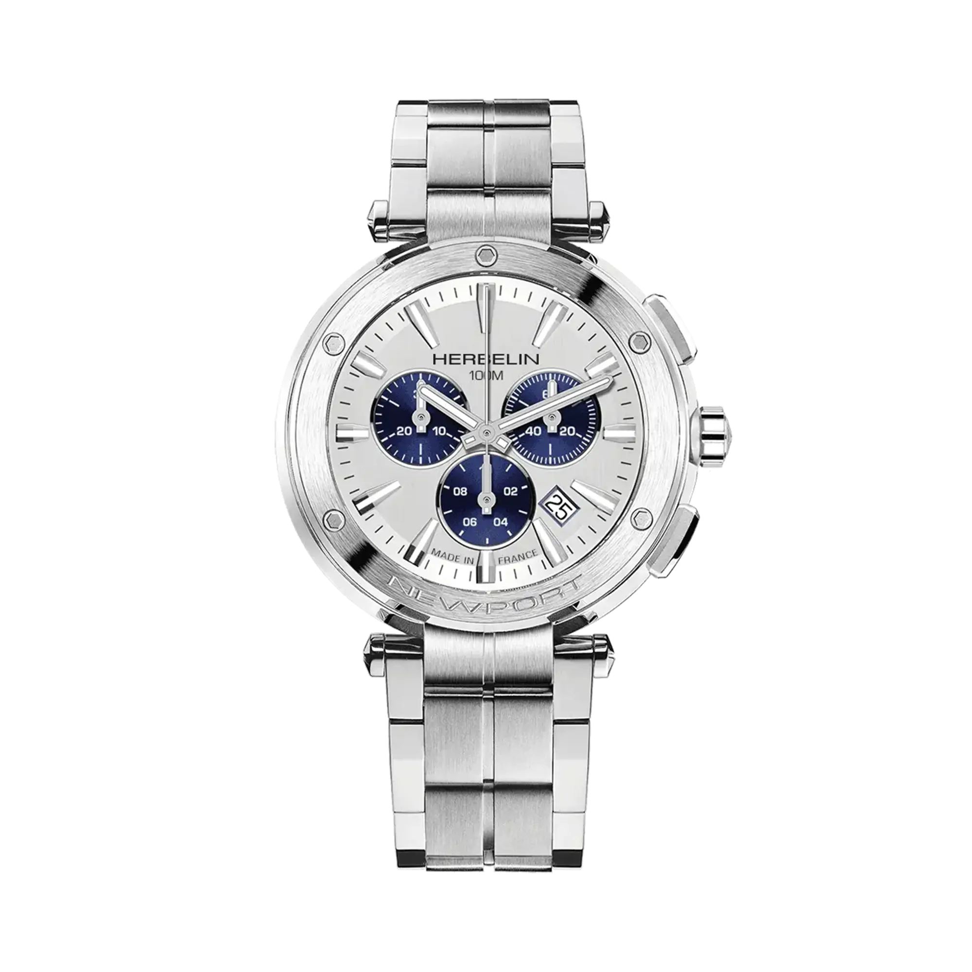Newport chronographe, cadran argent blanc brossé, boîtier acier rond, bracelet acier