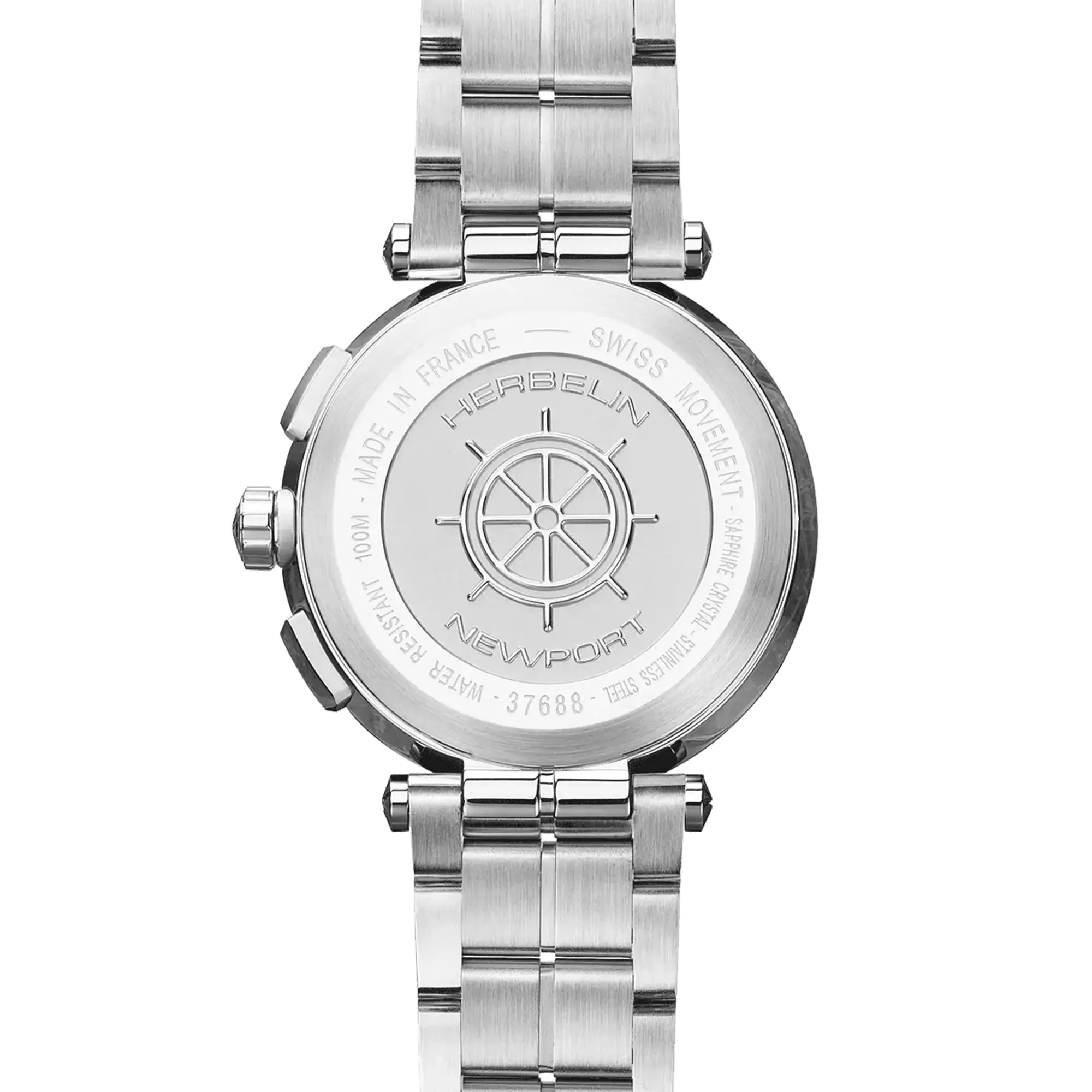 Dos de la Newport chronographe, fond acier avec gravure du modèle