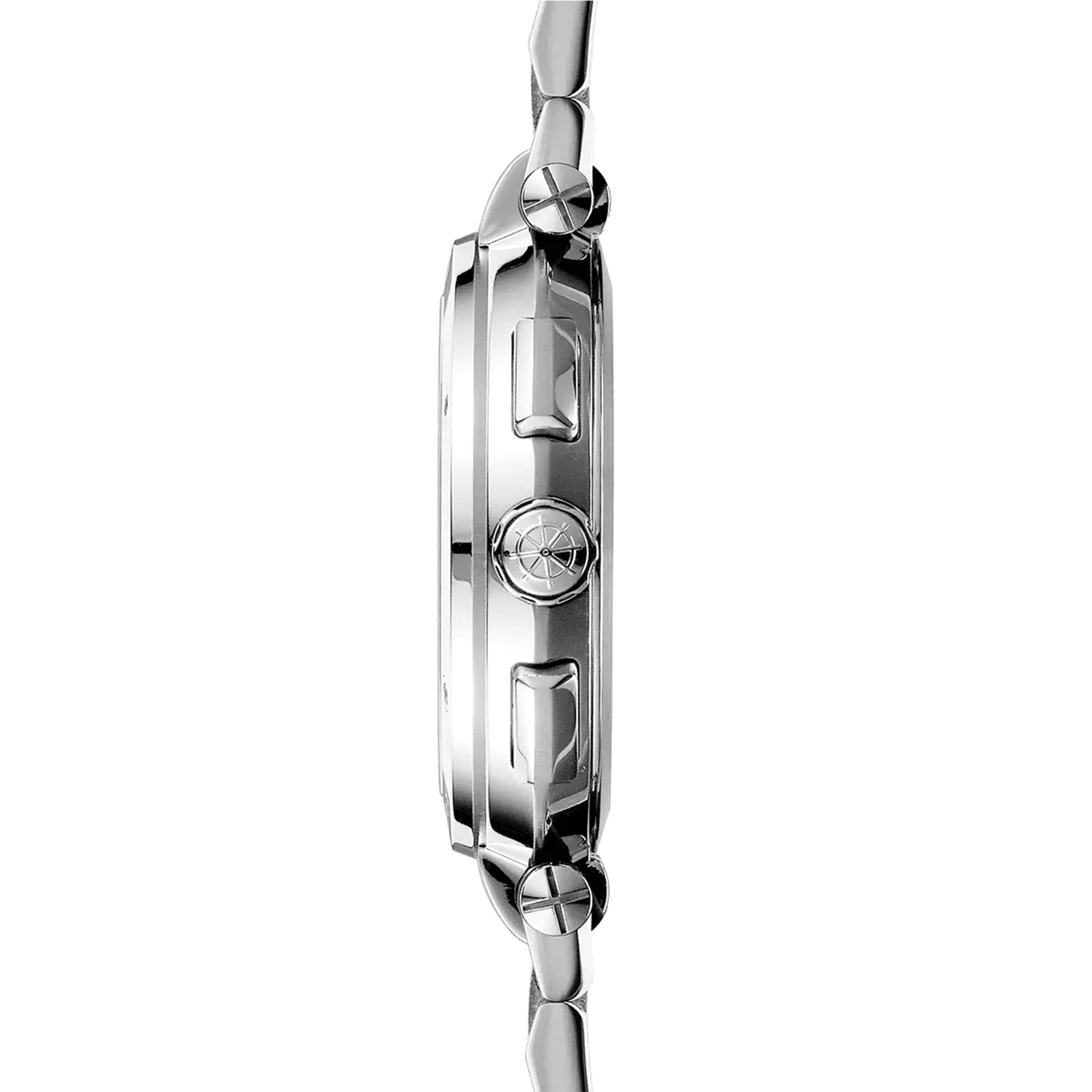 Vue de profil, tranche acier, couronne et attaches du bracelet acier