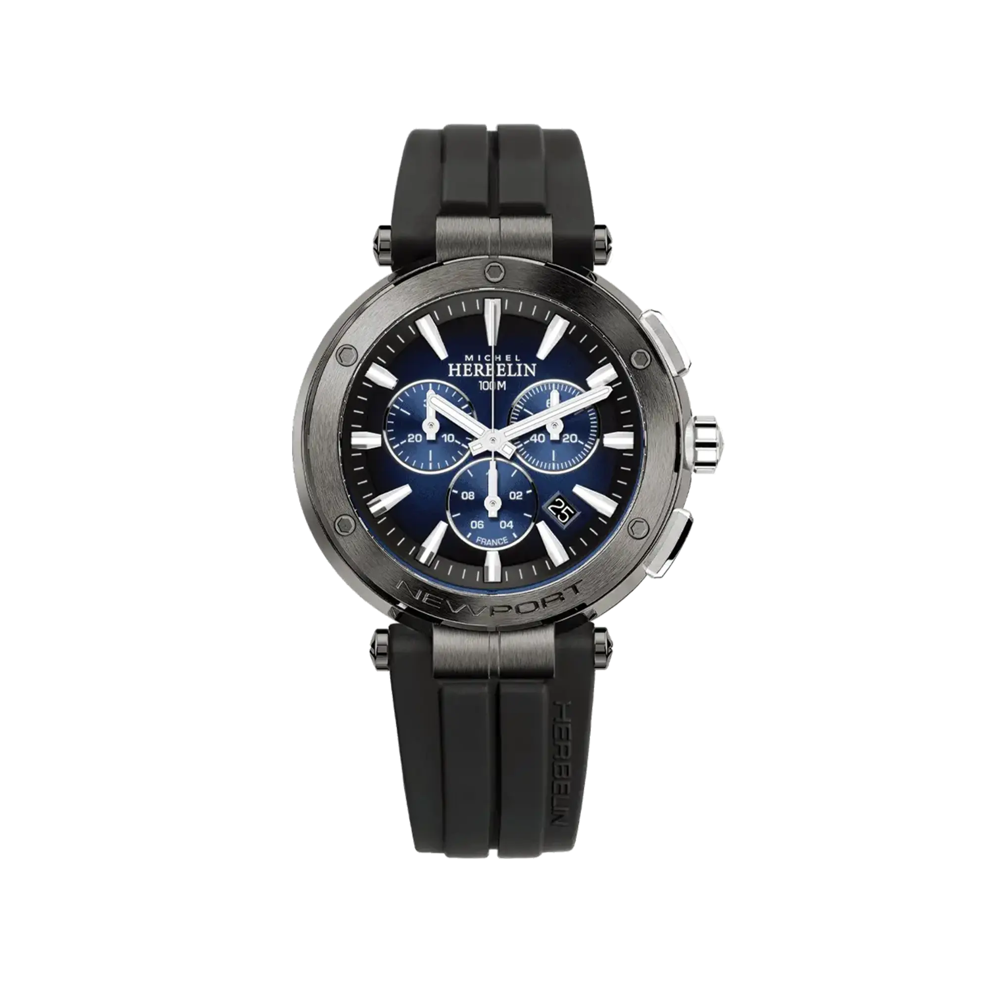 Newport chronographe, cadran bleu dégradé, boîtier acier rond, bracelet caoutchouc