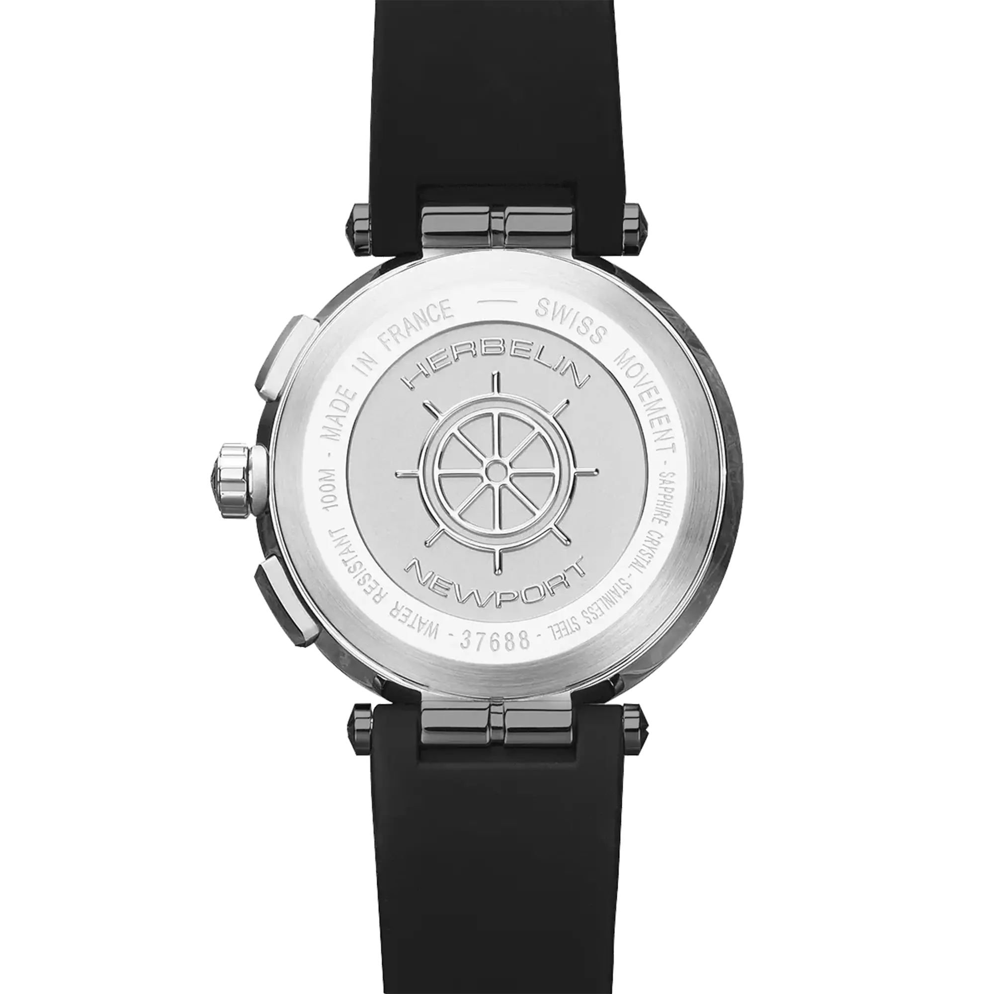 Dos de la Newport chronographe, fond acier avec gravure du modèle