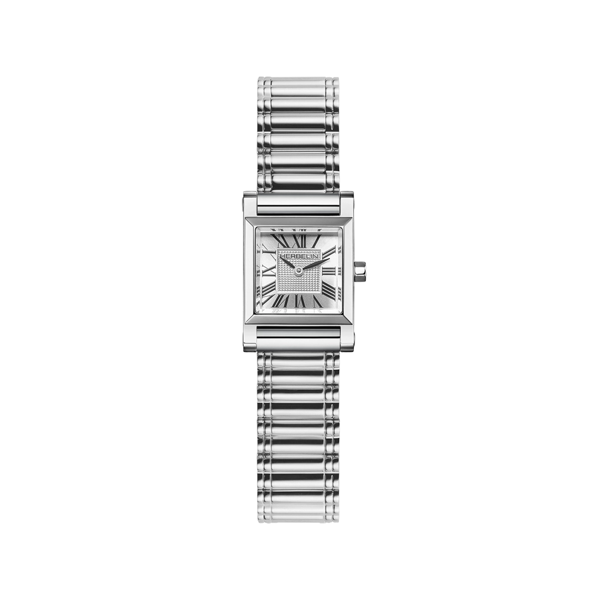 Antarès, cadran argent guilloché, boîtier carré acier, bracelet acier