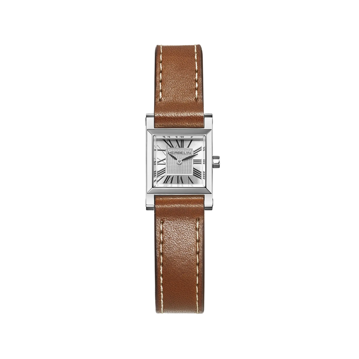 ⁣⁢Antarès, esfera plateada guilloché, caja cuadrada de acero, brazalete de piel⁤⁣