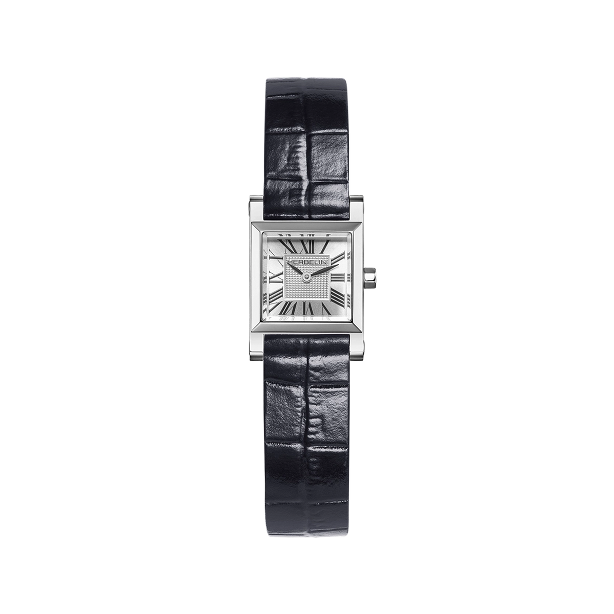 ⁣⁢Antarès, esfera plateada guilloché, caja cuadrada de acero, brazalete de piel⁤⁣