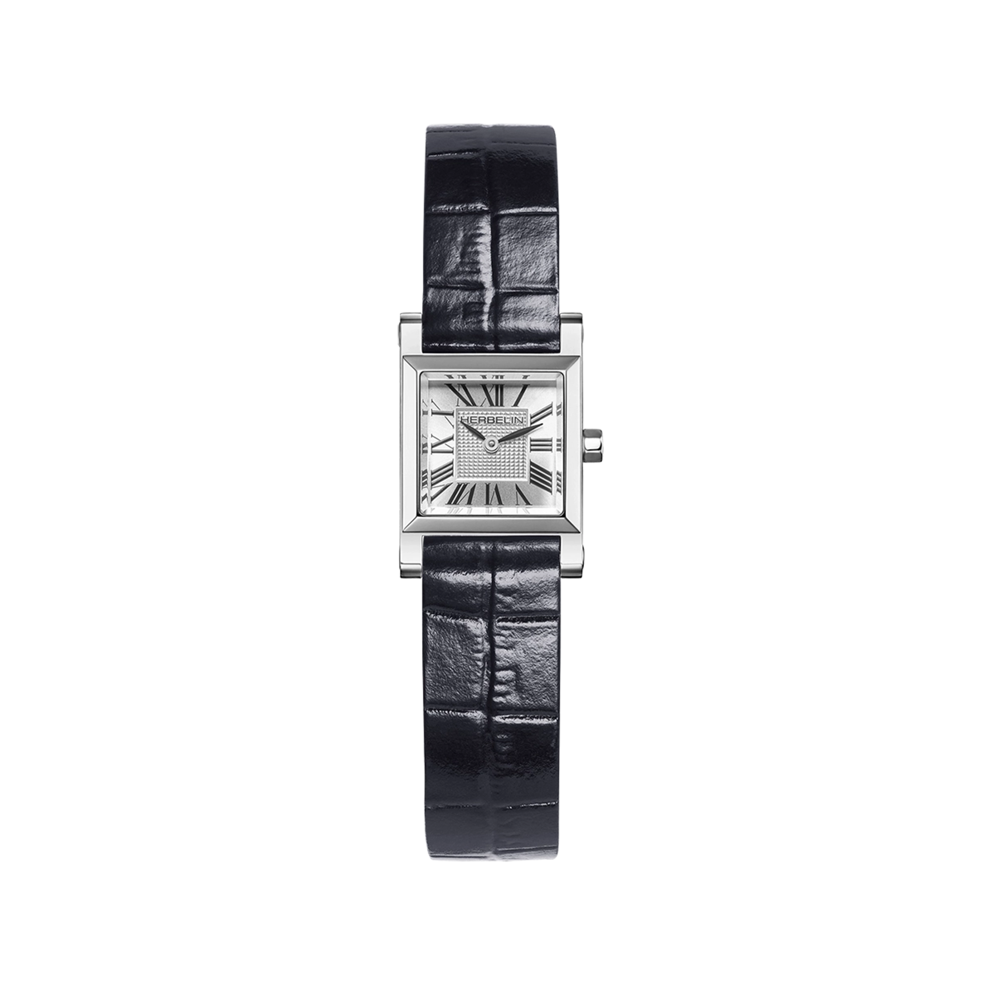 Antarès, cadran argent guilloché, boîtier carré acier, bracelet cuir