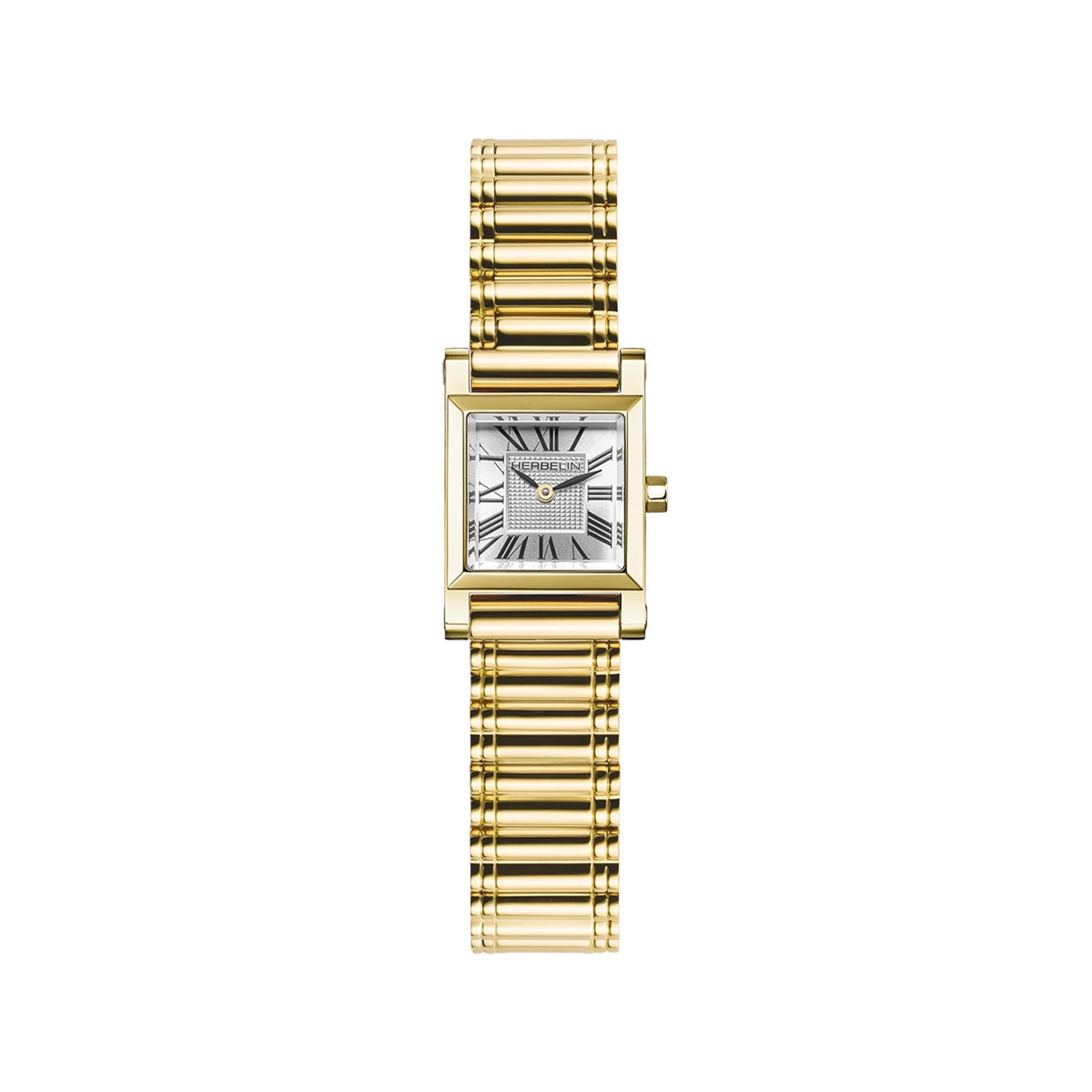 Antarès, cadran argent guilloché, boîtier carré acier PVD or jaune, bracelet acier bicolore