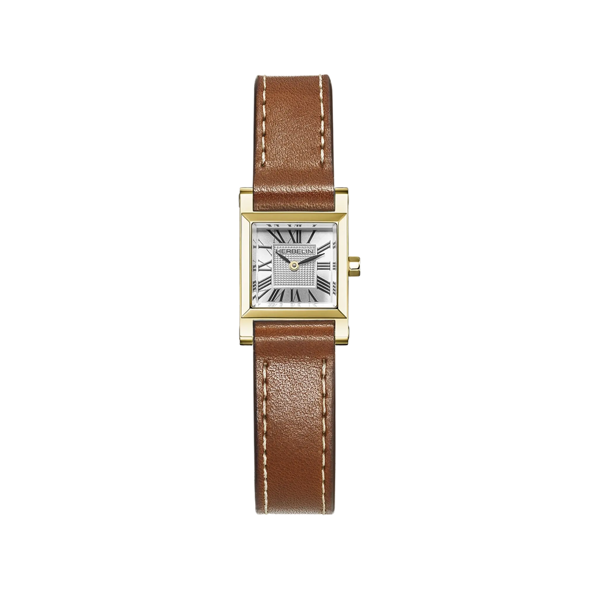⁣⁢Antarès, esfera plata guilloché, caja cuadrada acero PVD oro amarillo, brazalete piel⁤⁣