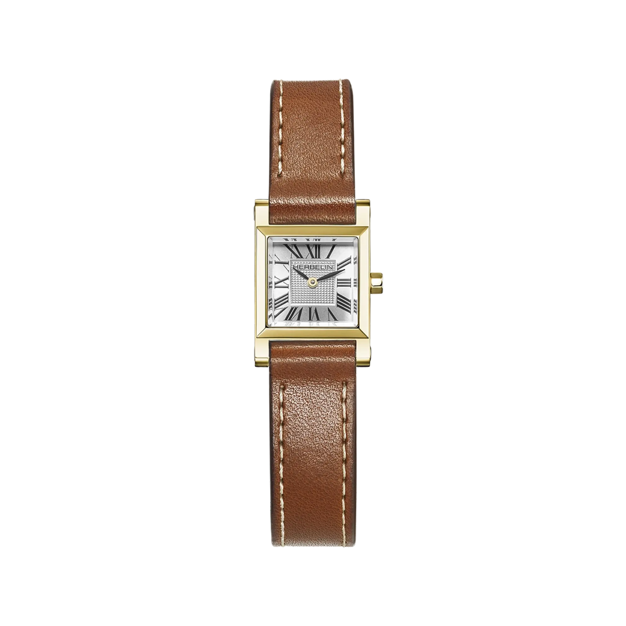 Antarès, cadran argent guilloché, boîtier carré acier PVD or jaune, bracelet cuir