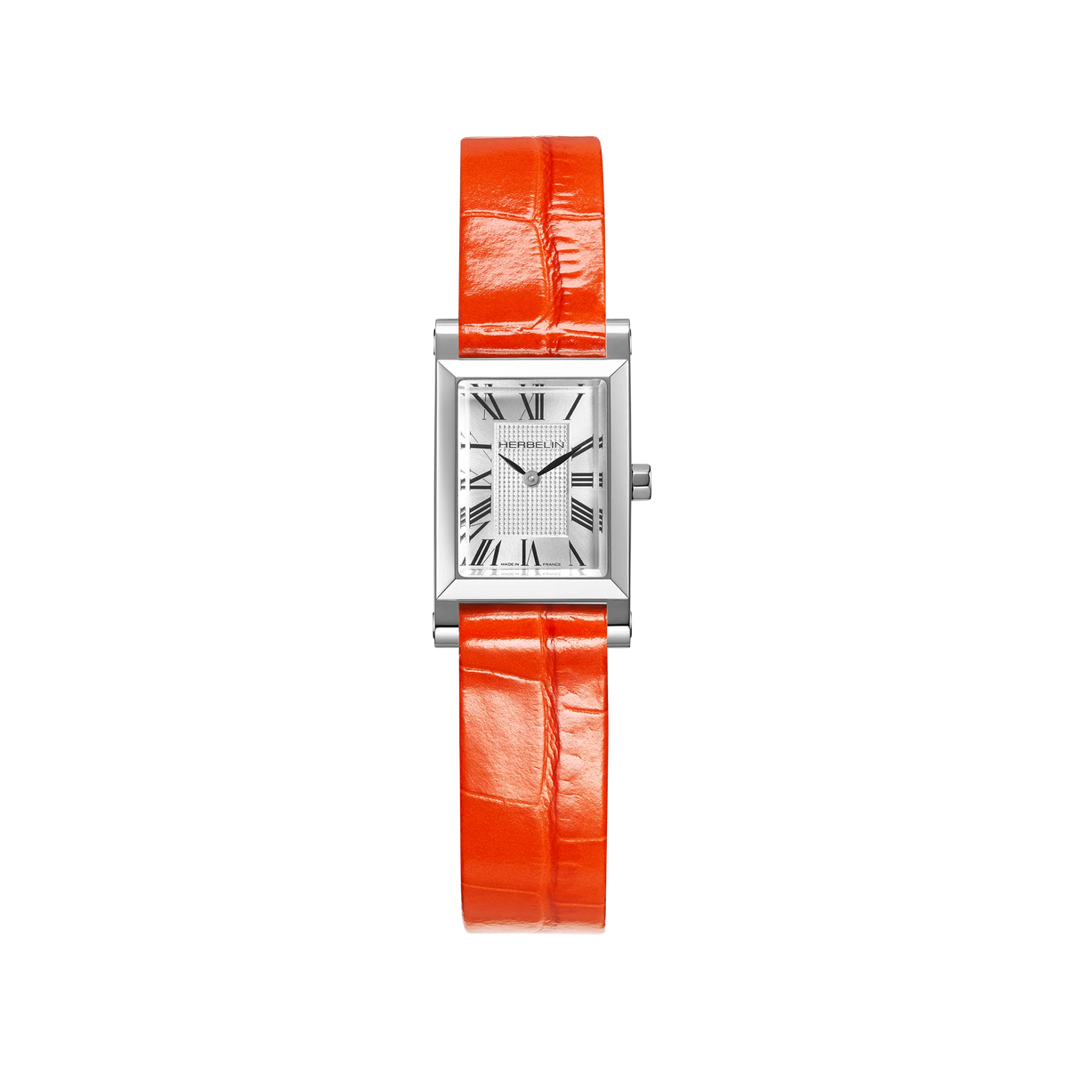 ⁣⁢Antarès Quartz Originale, esfera plateada blanca guilloché, caja facetada de acero, brazalete de piel naranja⁤⁣