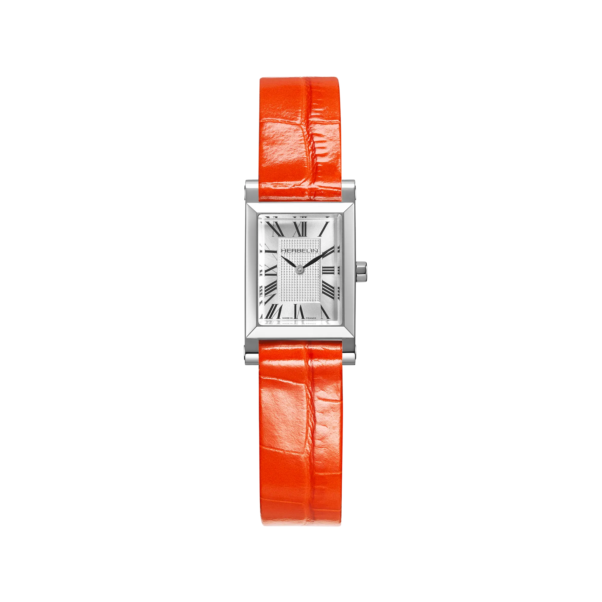 Antarès Quartz Originale, cadran argent blanc guilloché, boîtier facetté acier, bracelet cuir orange