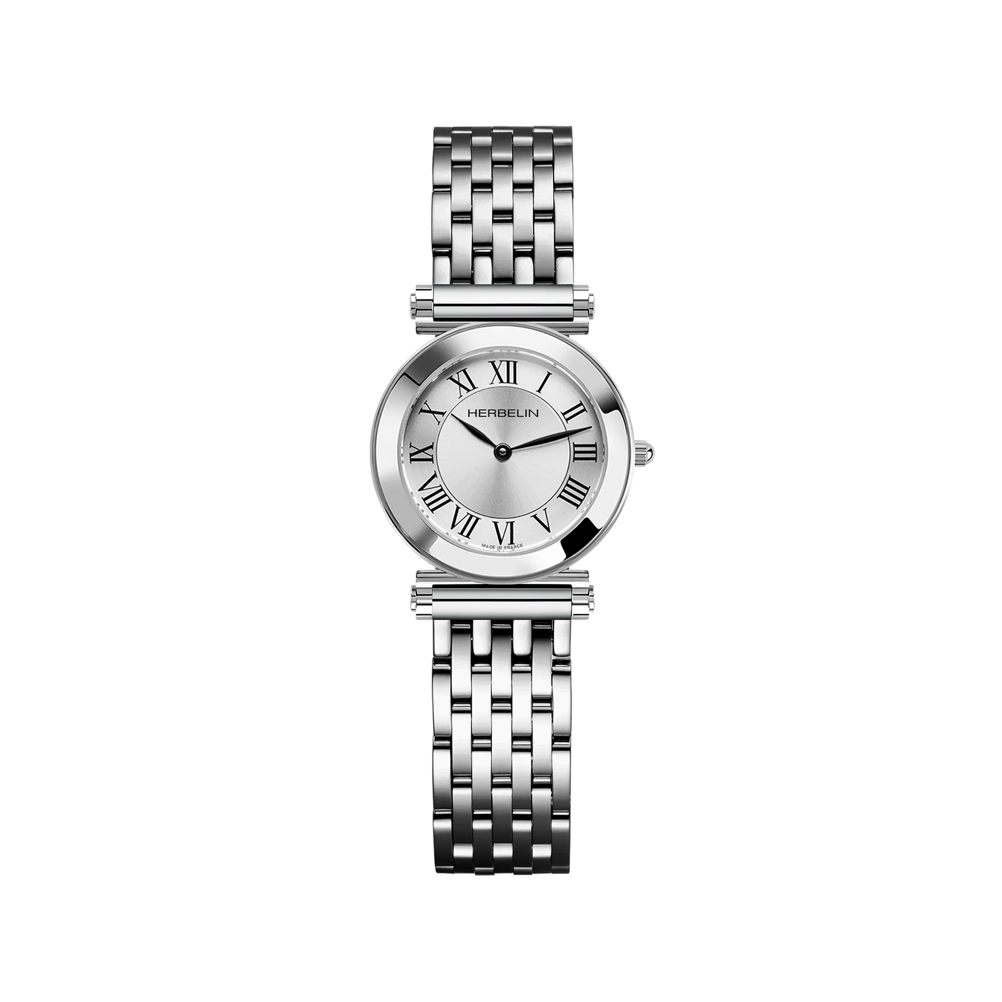 Antarès Quartz Classique, cadran argent blanc, boîtier rond acier, bracelet maille acier