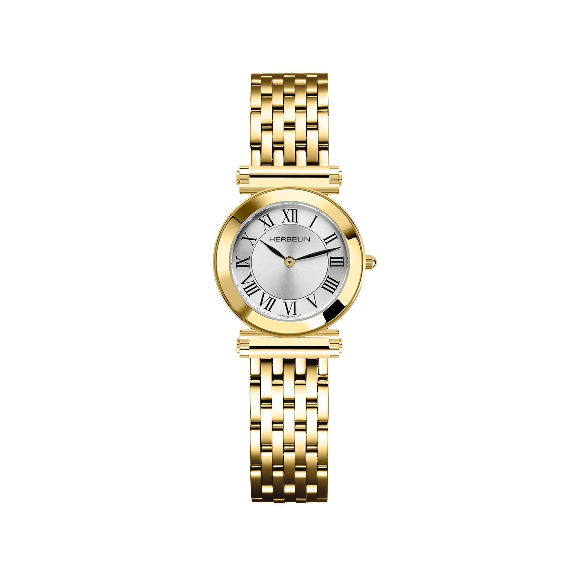 Antarès Quartz Classique, cadran argent blanc, boîtier rond PVD or jaune, bracelet maille bicolore acier et PVD or jaune