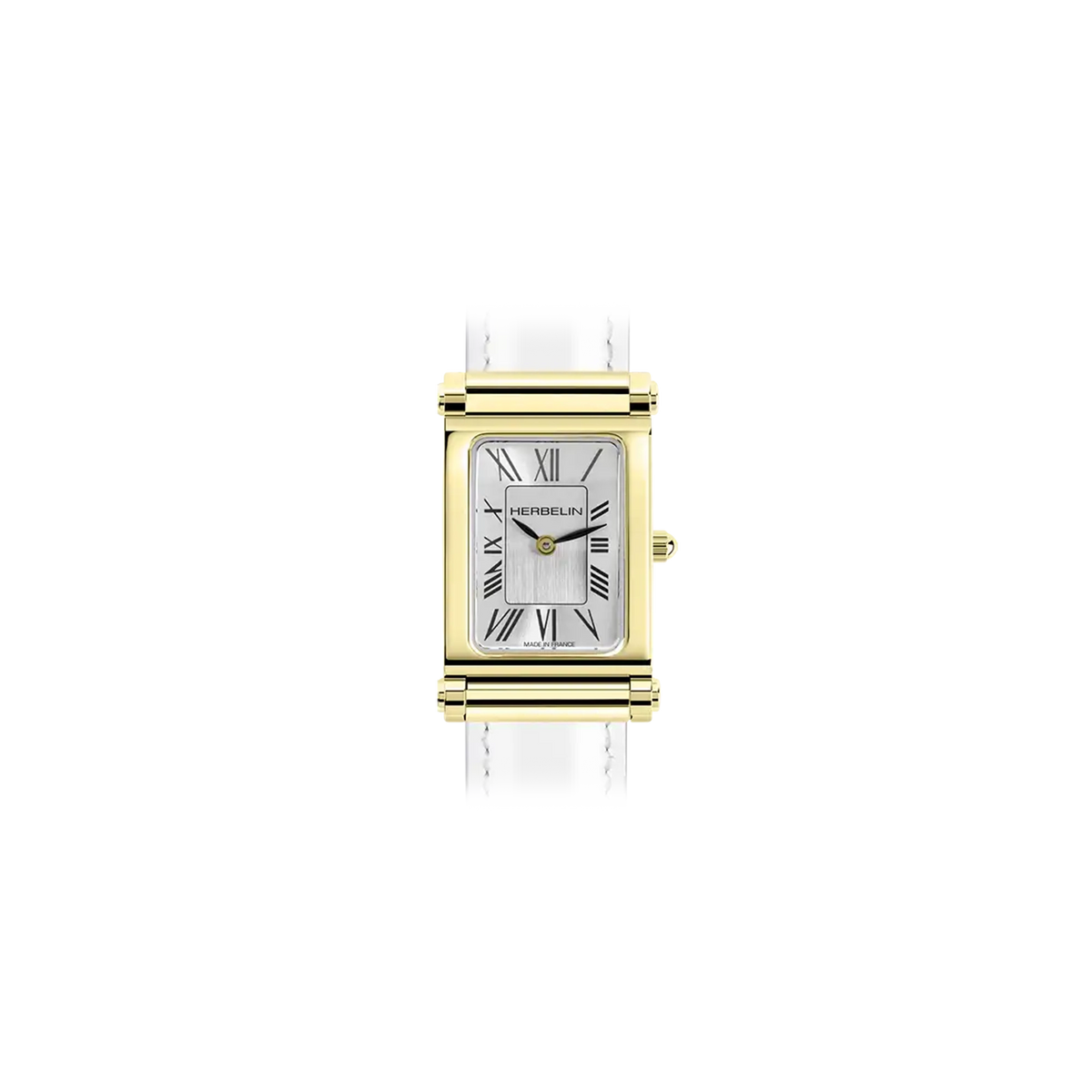 ⁣⁢Antarès, esfera plateada blanca, caja rectangular de acero PVD oro amarillo⁤⁣