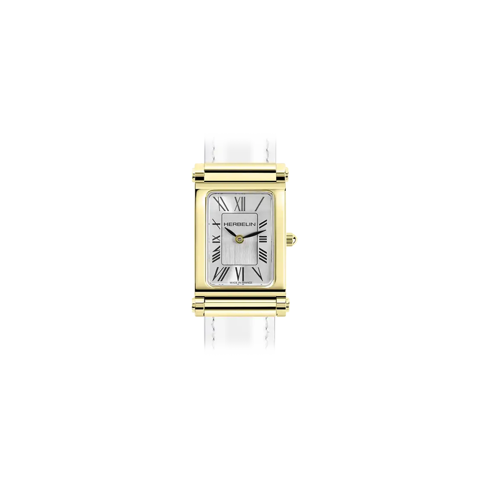 Antarès, cadran argent blanc, boîtier rectangle acier PVD or jaune