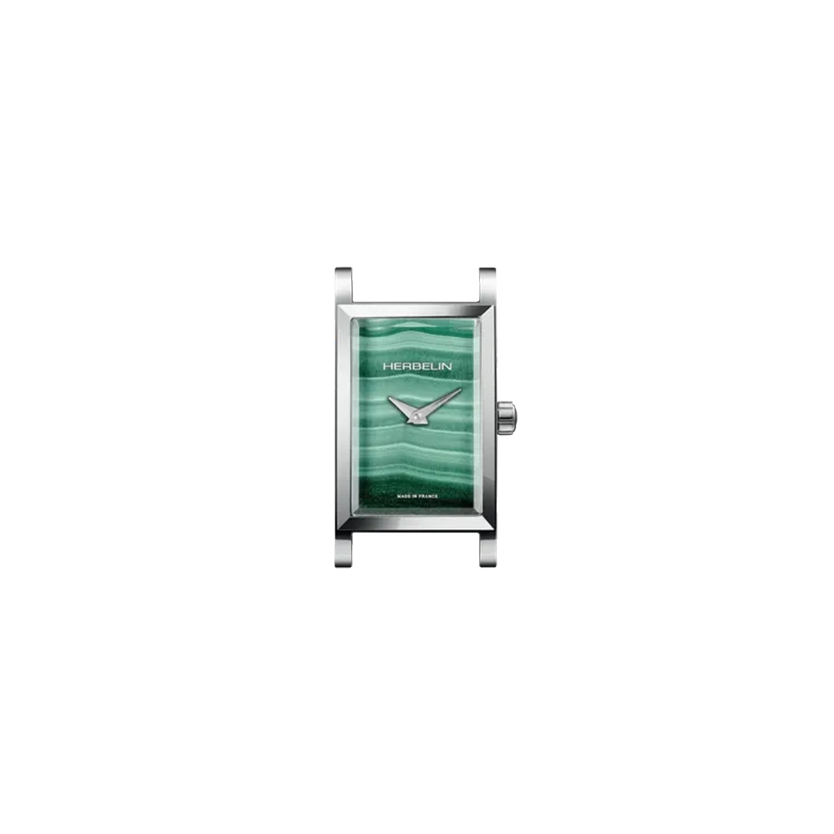 ⁣⁢Antarès, quadrante in pietra naturale malachite, cassa rettangolare in acciaio⁤⁣