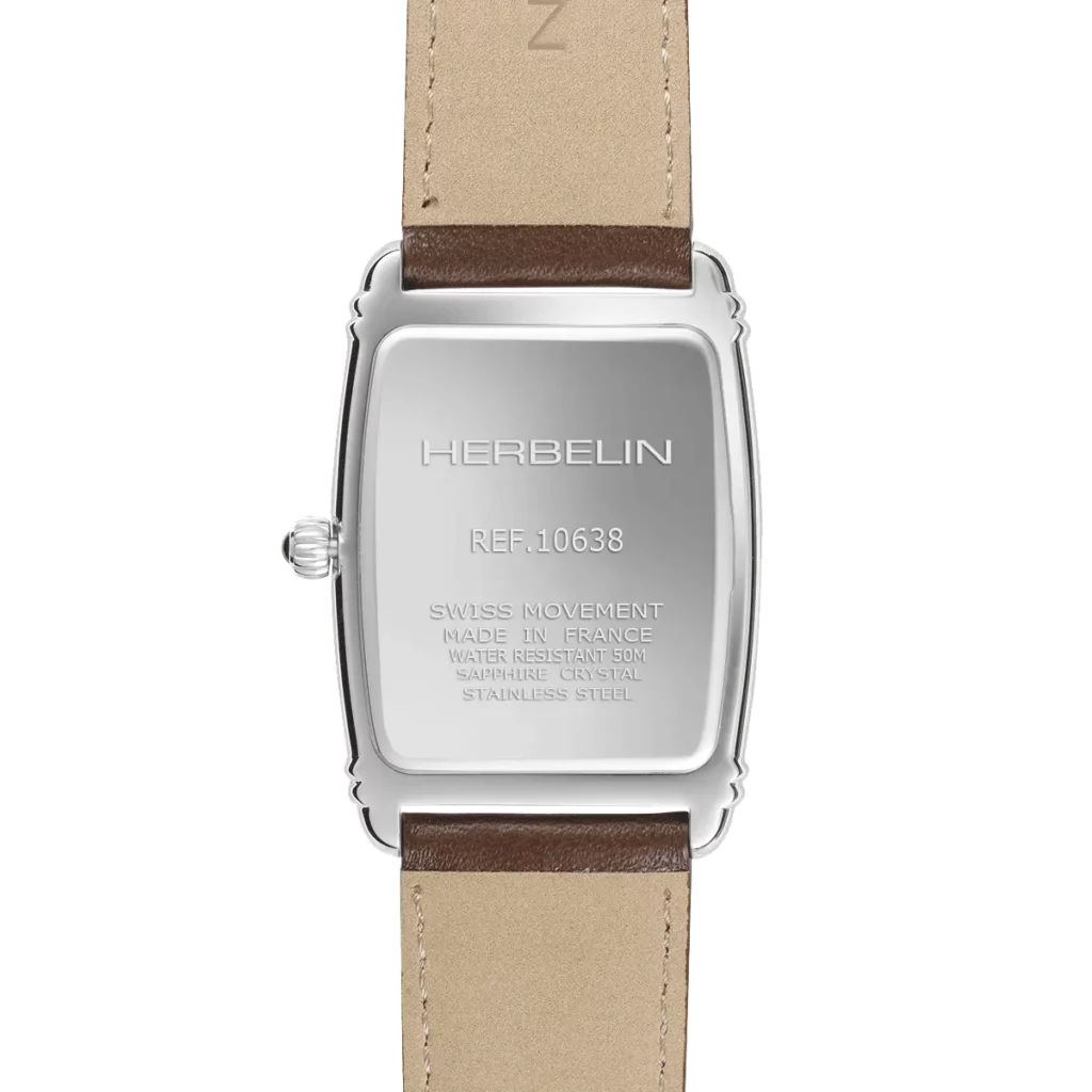 dos montre herbelin homme modele art deco bracelet cuir marron fonce