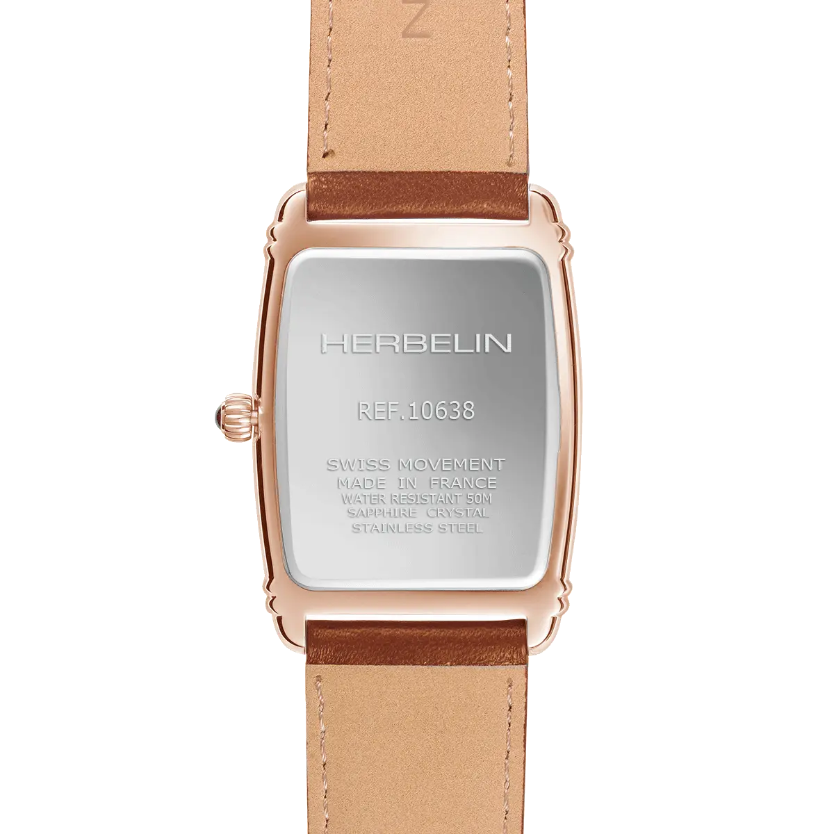 dos montre herbelin homme boitier rose gold pvd bracelet cuir marron art deco